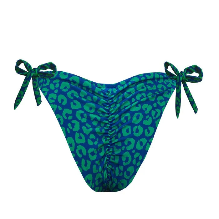 Sexy Blue & Green Jaguar Print Brazilian Tie Side Scrunch Bikini Bottom - High Waisted Swimwear for Beach, Pool & Summer Vacations