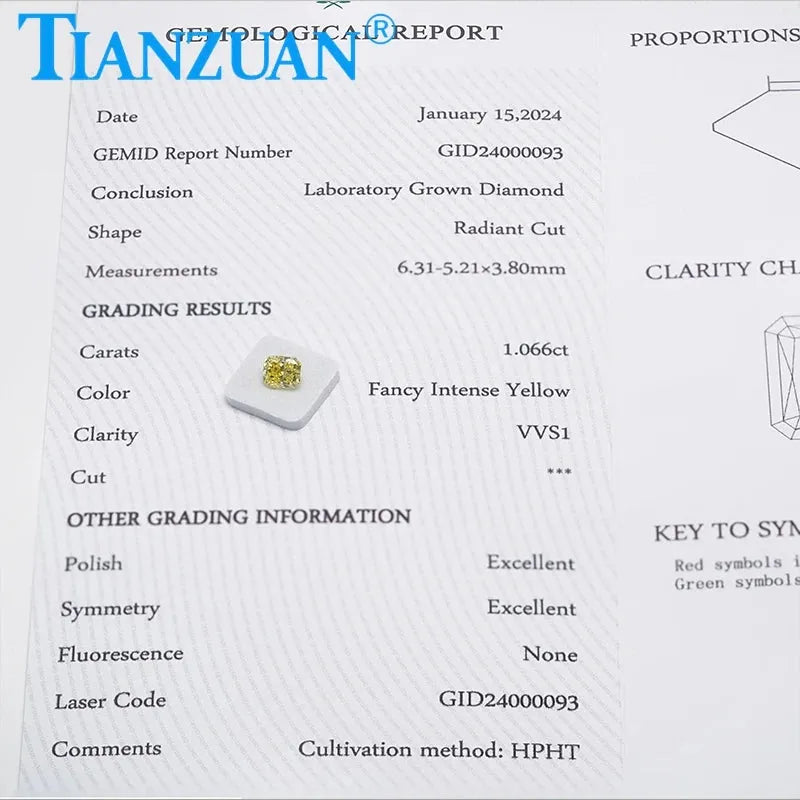 1.066CT VVS1 Lab Grown Diamond - HPHT Radiant Cut Fancy Intense Yellow Color - 2EX Loose Gemstone Bead with GEMID Certification | Perfect for Engagement Rings, Wedding Bands & Fine Jewelry Making