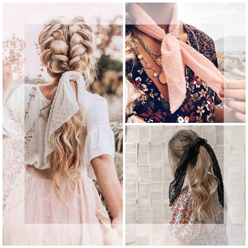 SCRMROIA 3 Pack Polka Dot Daisy Flower Hair Scarf Scrunchies - Satin Silk Long Tail Bowknot Hair Bands, Elastic Ponytail Holders for Women & Girls | Perfect for School, Work, Parties & Everyday Styling (Style 1)