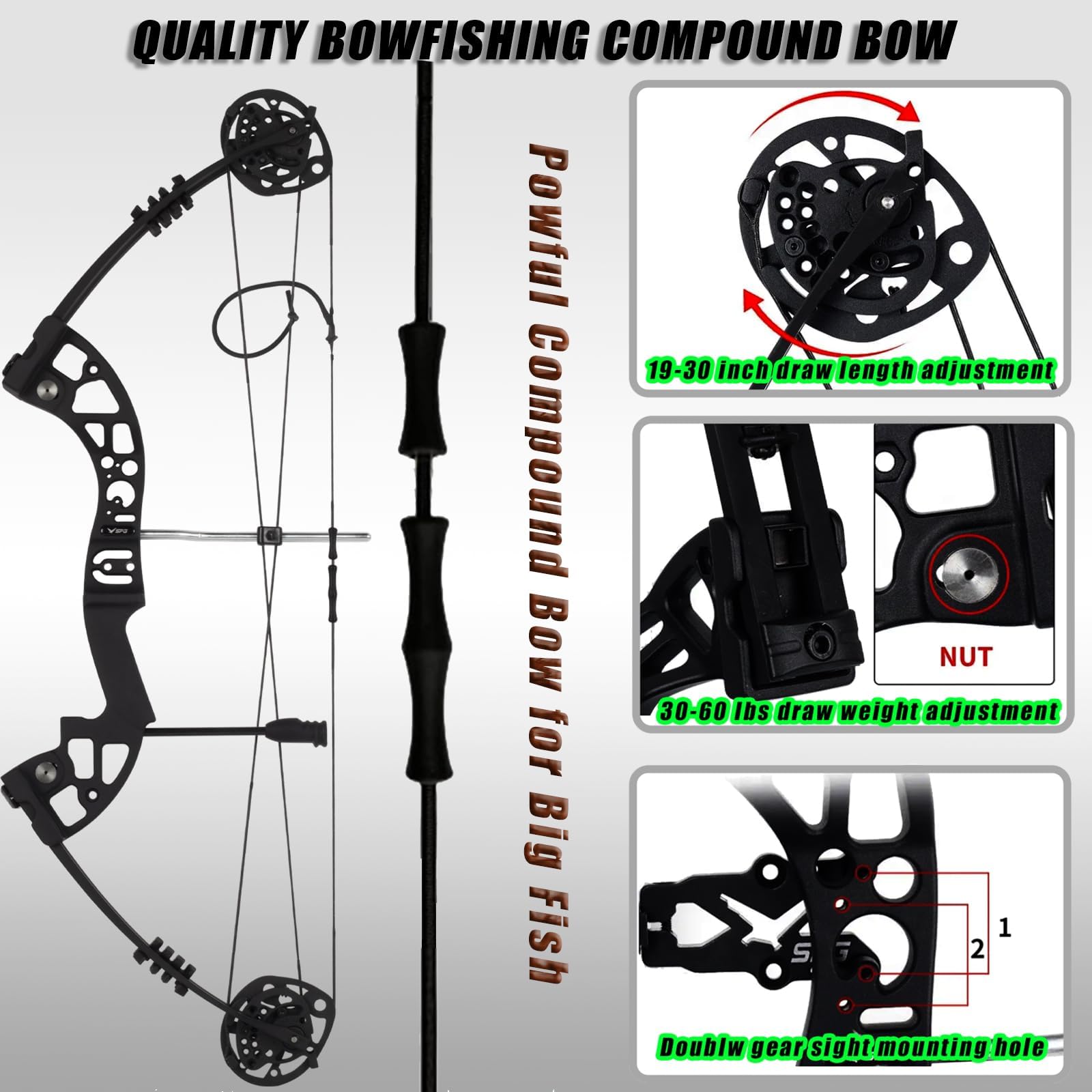 SPG Archery 30-60 Lbs Compound Bowfishing Kit with Reel, Arrows & Instruction Manual for Adults | Beginner Friendly Bow Fishing Equipment for Lake, River & Saltwater Hunting