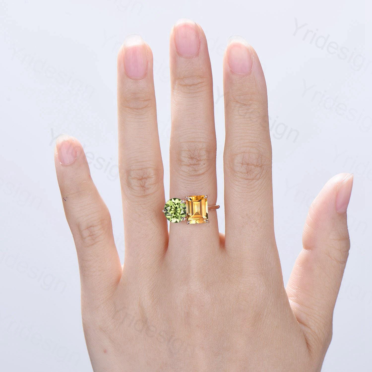 Minimalist Two Stone Engagement Ring 14K Rose Gold - Emerald Cut Citrine & Round Peridot Wedding Band - Anniversary Bridal Jewelry Gift for Her - Perfect for Proposals, Weddings & Romantic Occasions