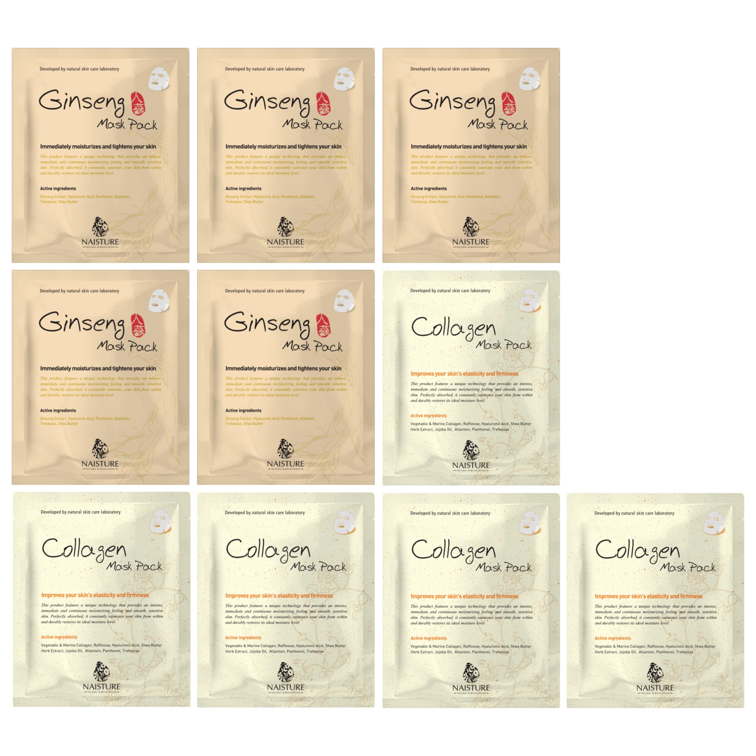 Korean Collagen Ginseng Face Mask - Hydrating & Firming for All Skin Types | 10-Pack for Daily Skincare