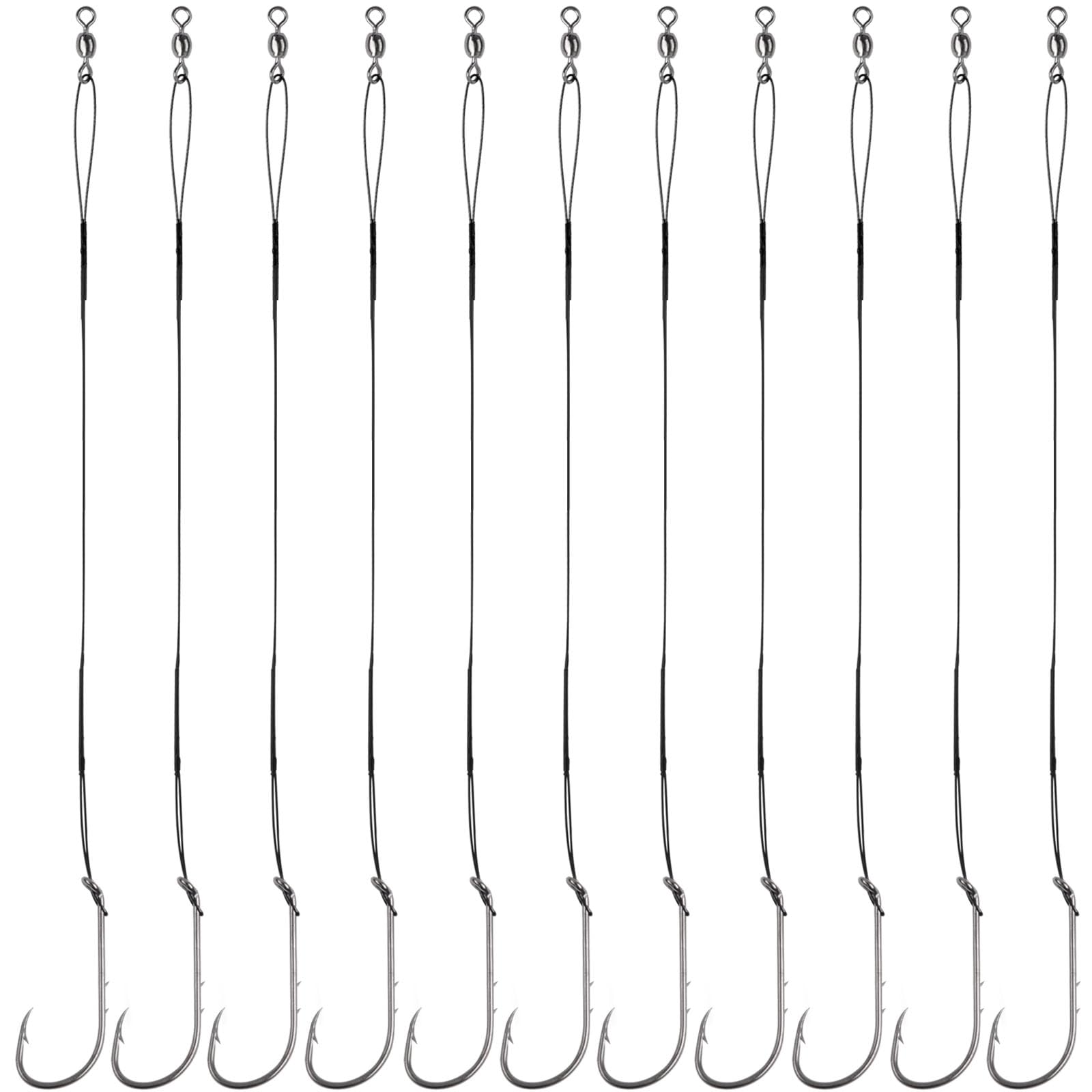 Saltwater Steel Wire Leader Fishing Hook Rigs - Snelled Baitholder Hooks for Bass & Catfish | Freshwater & Saltwater Fishing Lures | Perfect for Shore Fishing, Boat Fishing, and Ice Fishing