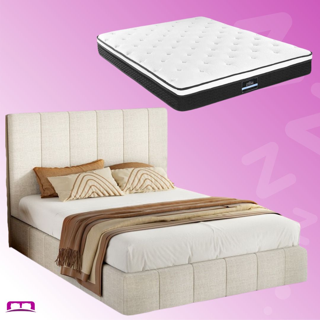Aldinga Queen Bed Frame with Bonita Pillow Top Mattress - Medium Firm Support Double Package Set for Bedroom | Beige Upholstered Platform Bed with Comfortable Memory Foam Mattress for Master Bedroom, Guest Room & Apartment