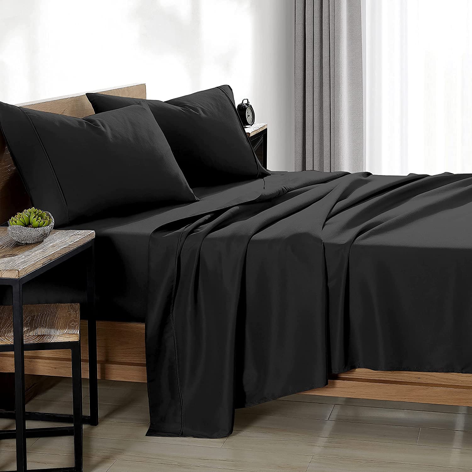 4 Piece Black Bed Sheet Set - 100% Egyptian Cotton Twin Size Sheets, Premium 800 Thread Count Sateen Weave, Deep Pocket Fits Mattress Up to 21