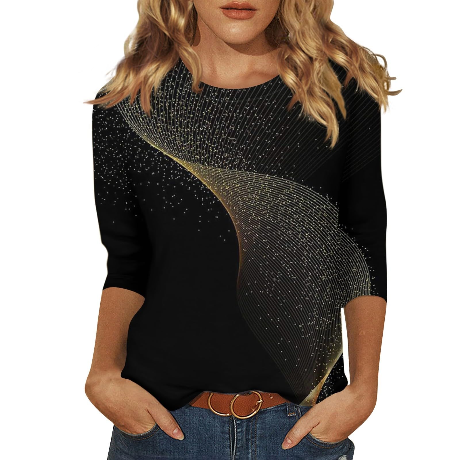 YUTANRAL Women's 3/4 Sleeve Blouses - Trendy 2024 Spring Summer Tops, Casual & Dressy Plus Size Graphic Tees for Work, Date Night & Weekend Outfits