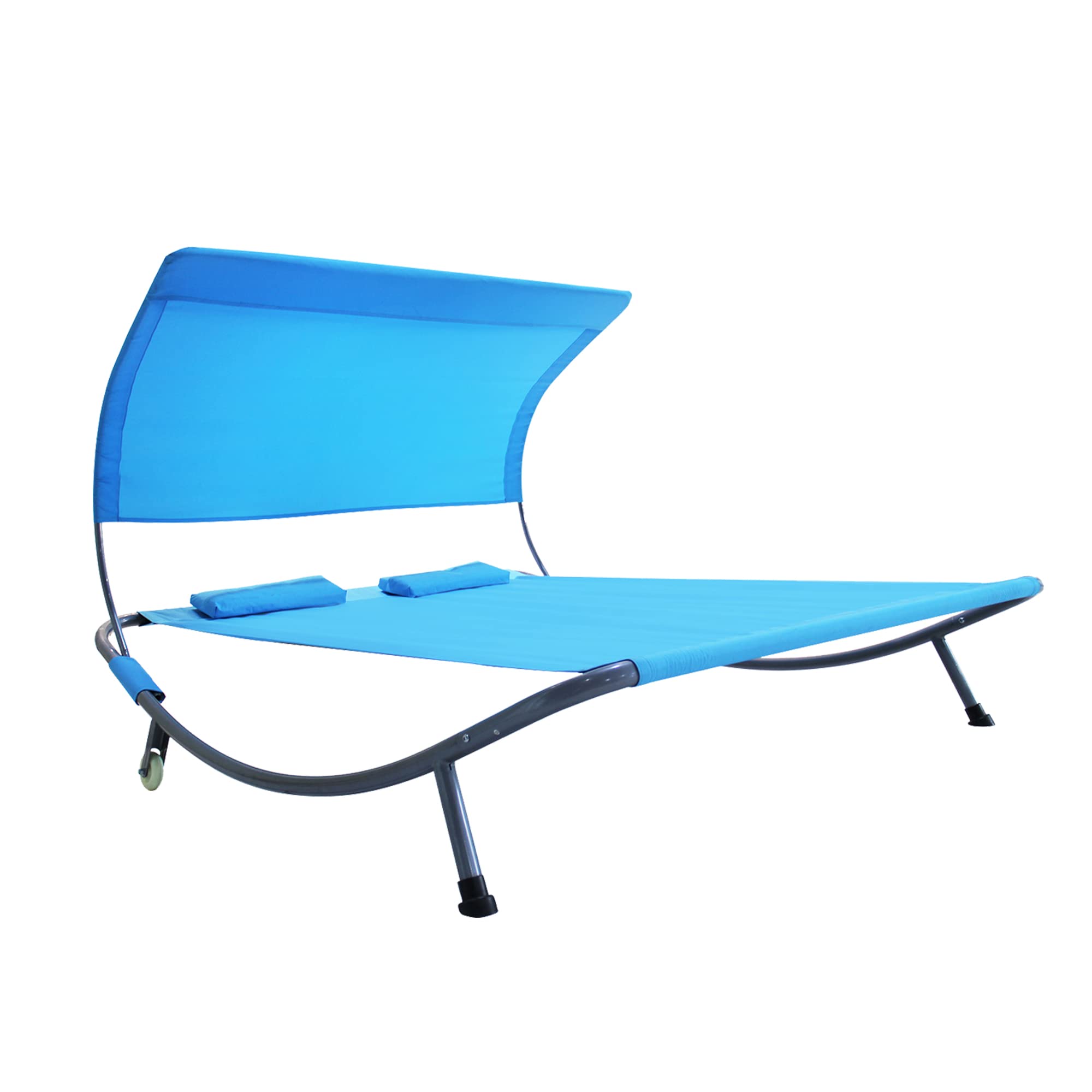 Outdoor Double Chaise Lounge Bed with Canopy & Headrest Pillow - Portable Patio Daybed with Wheels for Deck, Garden, Poolside, Sunroom & Indoor Use - Perfect for Relaxing, Sunbathing & Lounging (Blue)
