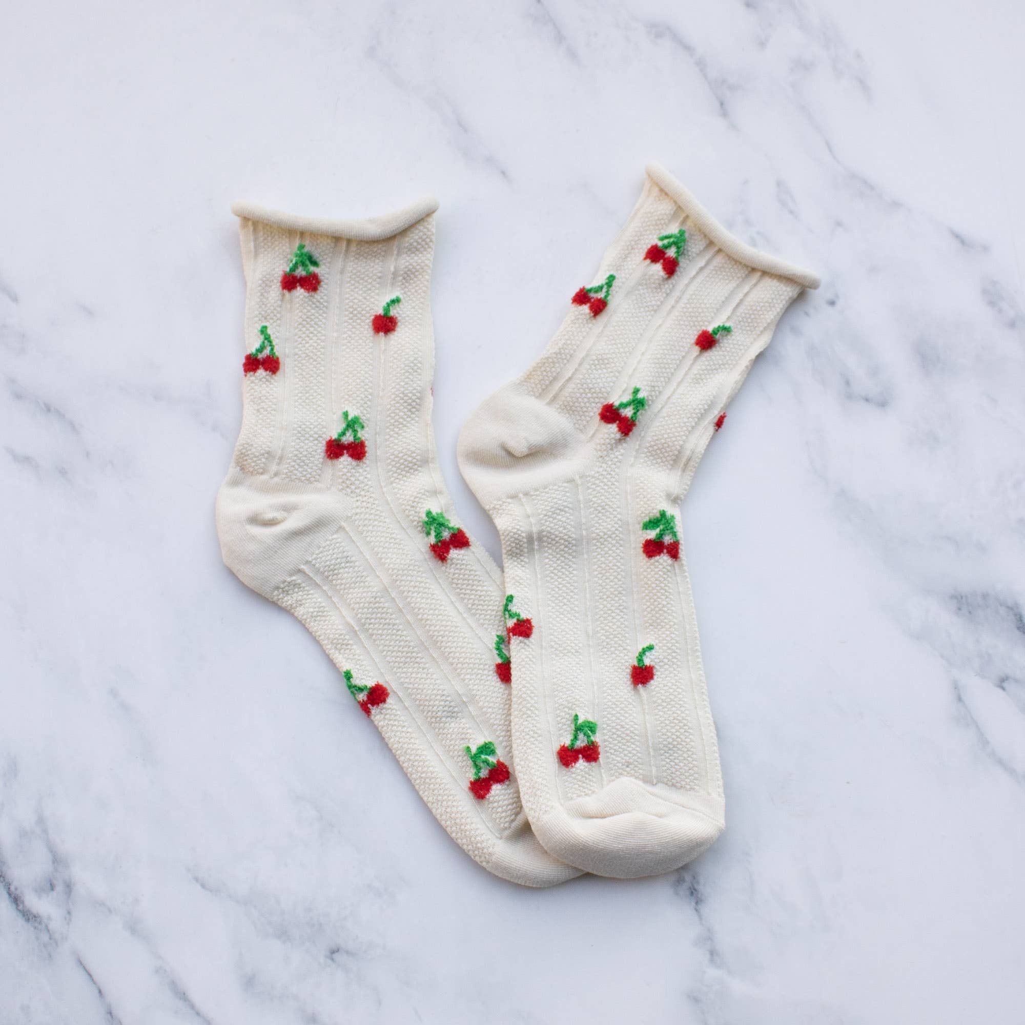 Vintage Cherry Print Cotton Socks - Soft Oatmeal Color Crew Socks for Women & Men - Perfect for Casual Wear, Gifts, and Everyday Comfort