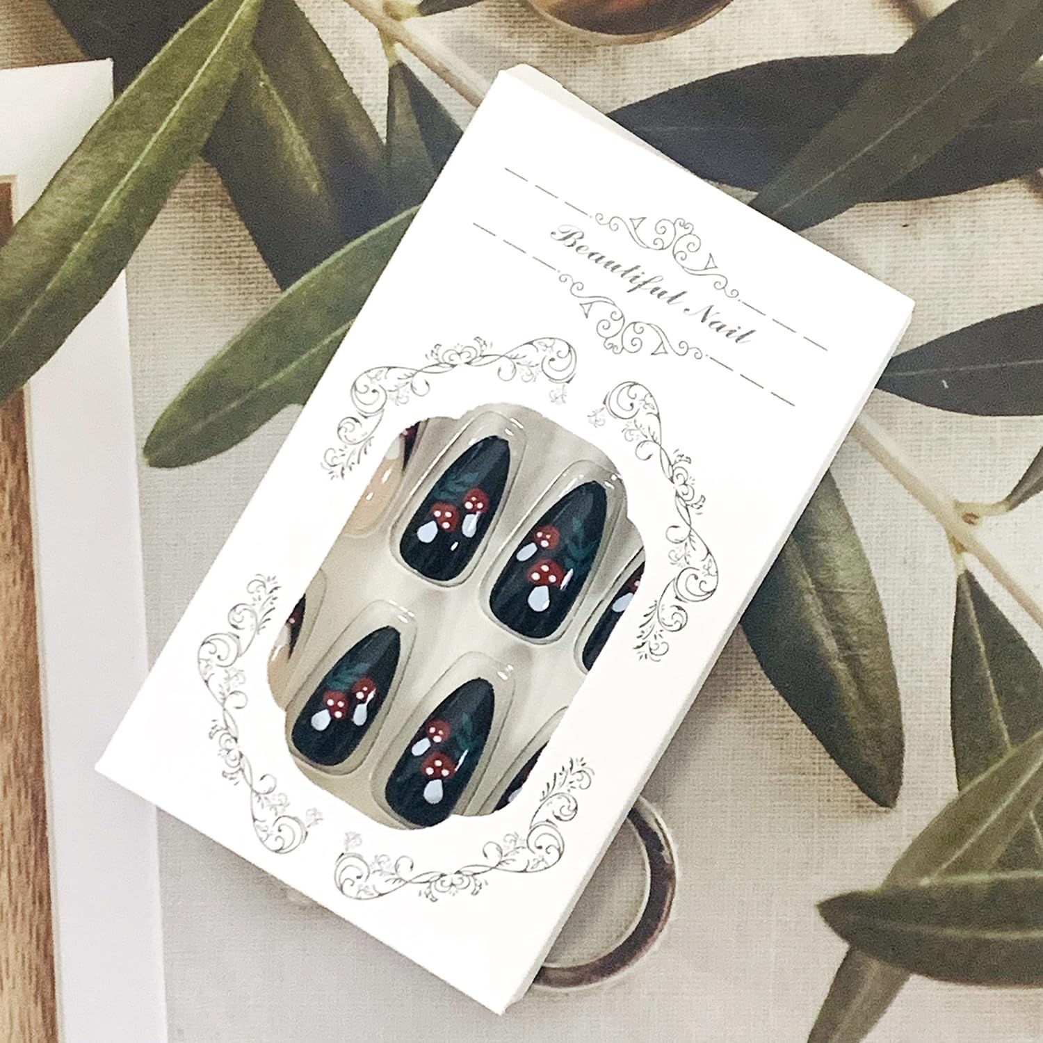 **Press on Nails Almond Medium Length - Glossy Black Acrylic Fake Nails with Mushroom Designs & Charms, Full Cover Artificial Nails for Women & Girls - Perfect for Parties, Halloween, Cosplay & Everyday Wear**