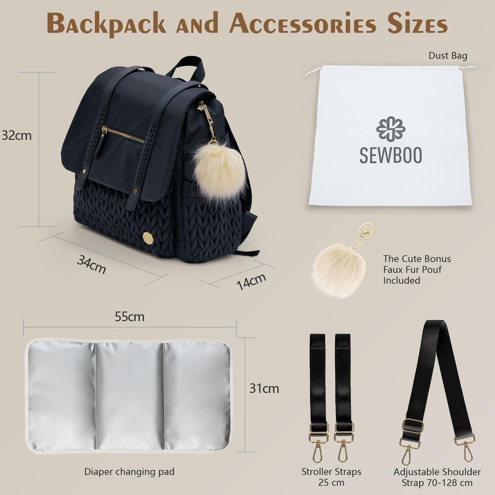 **SEWBOO Large Waterproof Diaper Backpack - Convertible Travel Baby Bag for Moms & Girls, Spacious & Stylish for Daycare, Travel, and On-the-Go Parenting**