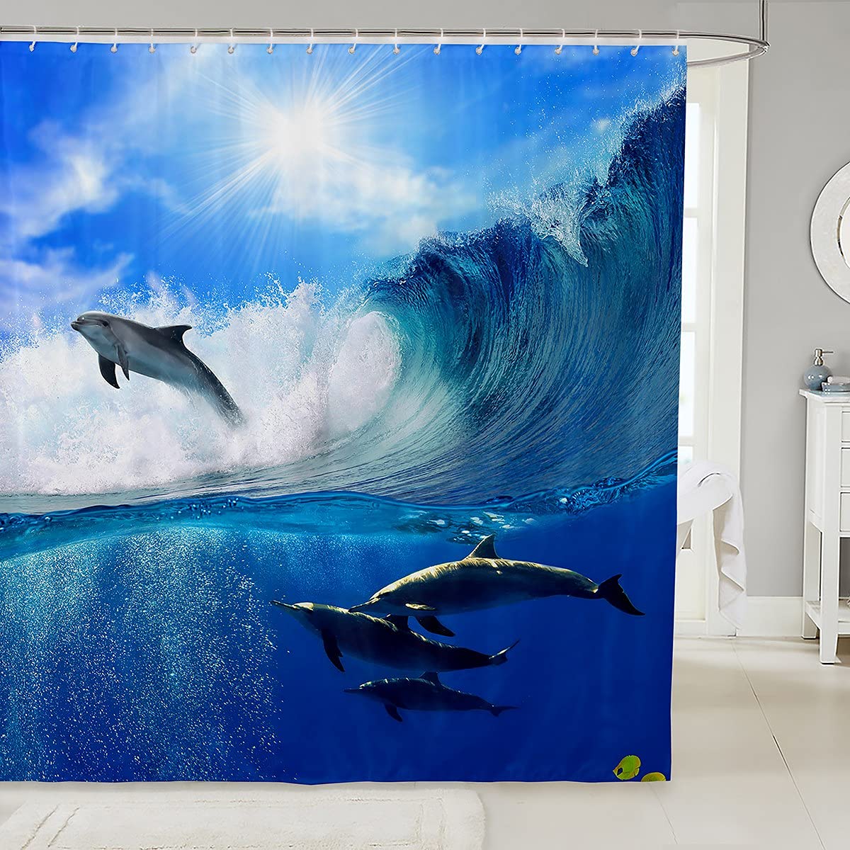 Waterproof Dolphin Shower Curtain Set - 72x72 Inch Blue Ocean Wave Bathroom Decor with Jumping Dolphins for Kids & Adults - Perfect for Beach Themed Bathrooms & Coastal Home Decor