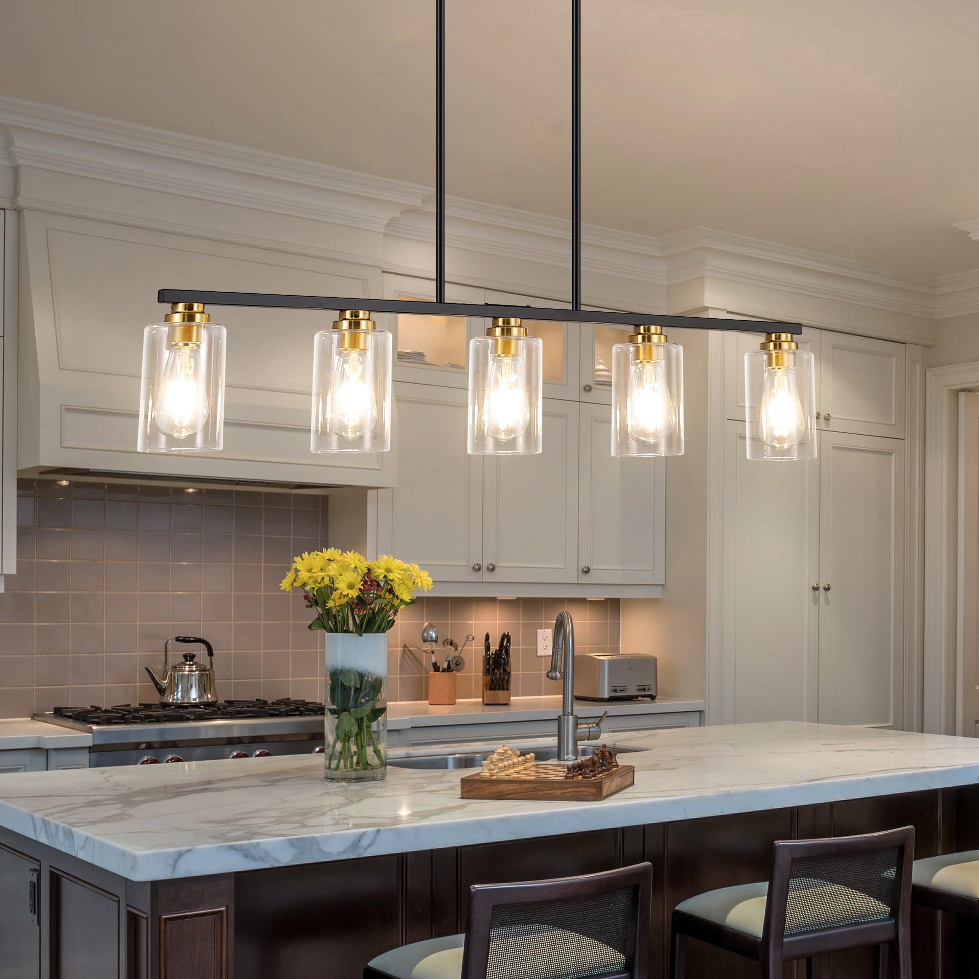Black and Gold 5-Light Linear Chandelier - Modern Pendant Lighting for Kitchen Island, Dining Table & Living Room | Dimmable LED Fixture for Home Decor & Ambient Lighting