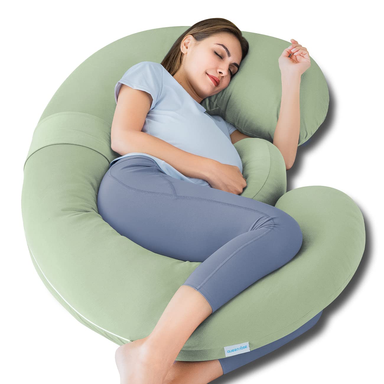 QUEEN ROSE Cooling Pregnancy Pillow - E-Shaped Maternity Body Pillow for Side Sleepers, Detachable & Breathable with Cooling Silky Cotton Cover (Sage Green) - Perfect for Pregnancy Comfort, Back Pain Relief & Better Sleep