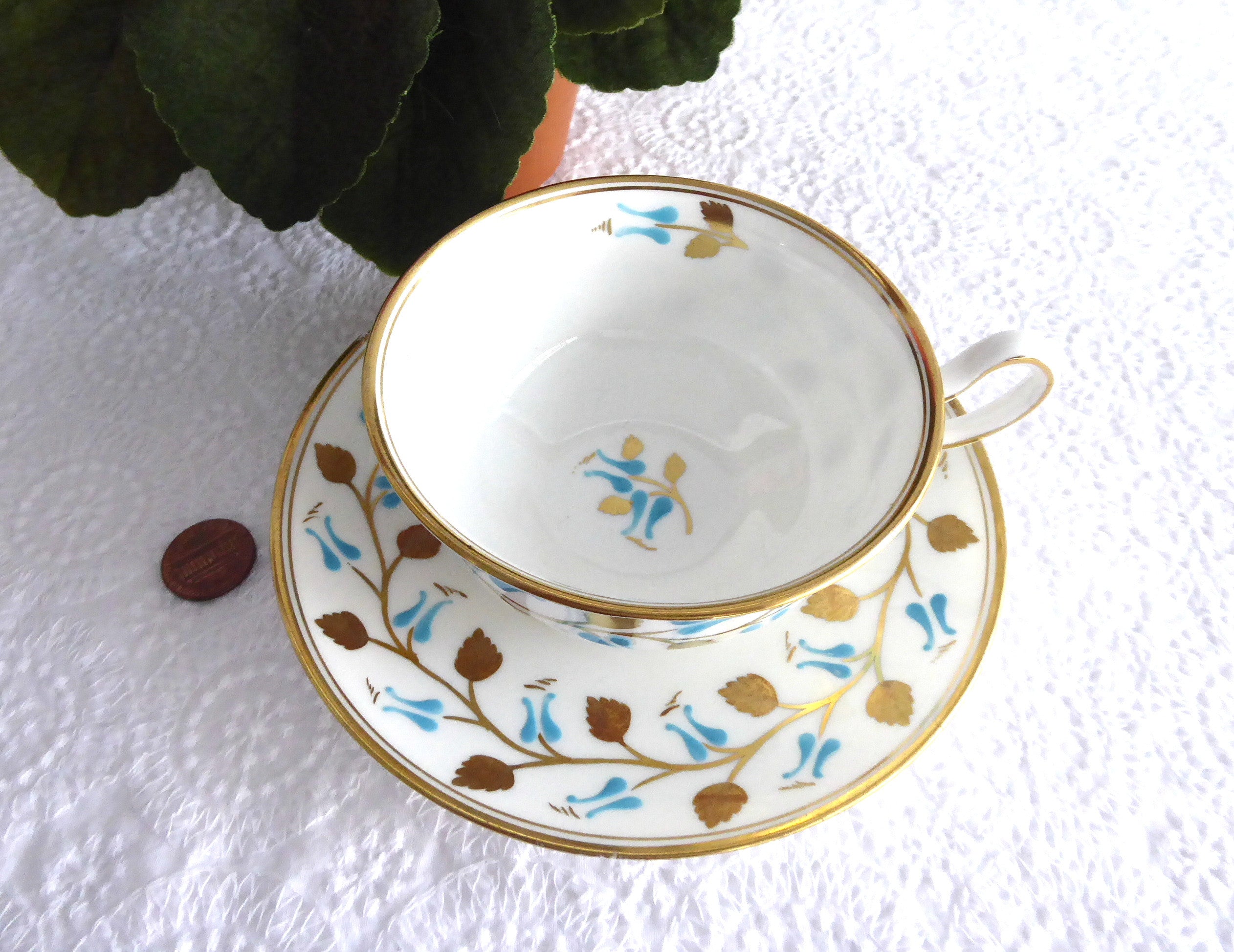Vintage Royal Chelsea England Hand Painted Gold Leaf Aqua Cup and Saucer Set - 1950s Fine China Tea Set for Afternoon Tea, Collectible Antique Tableware
