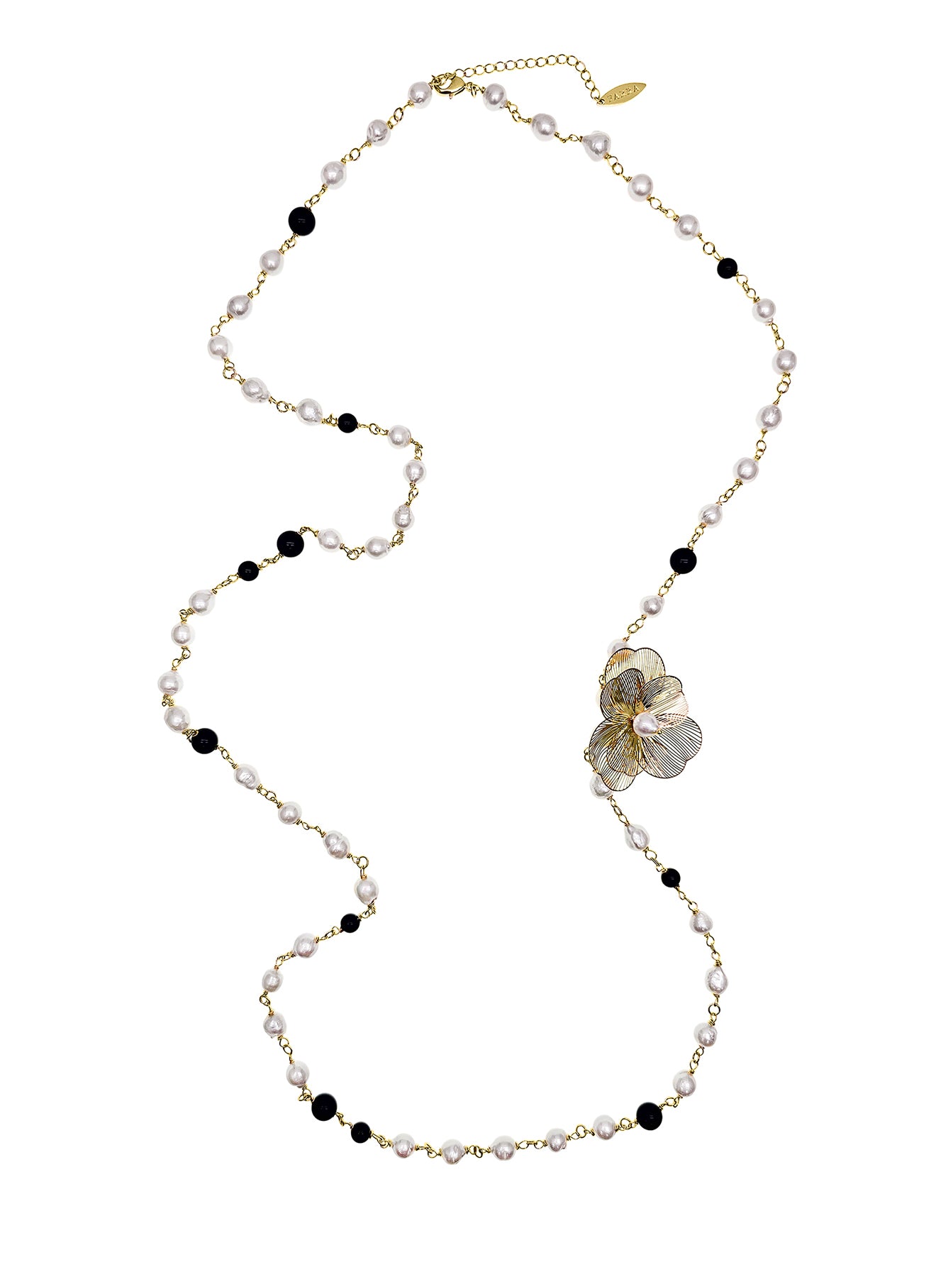 Elegant Freshwater Pearls & Black Obsidian Flower Charm Long Necklace PN004 | Perfect for Weddings, Parties & Special Occasions