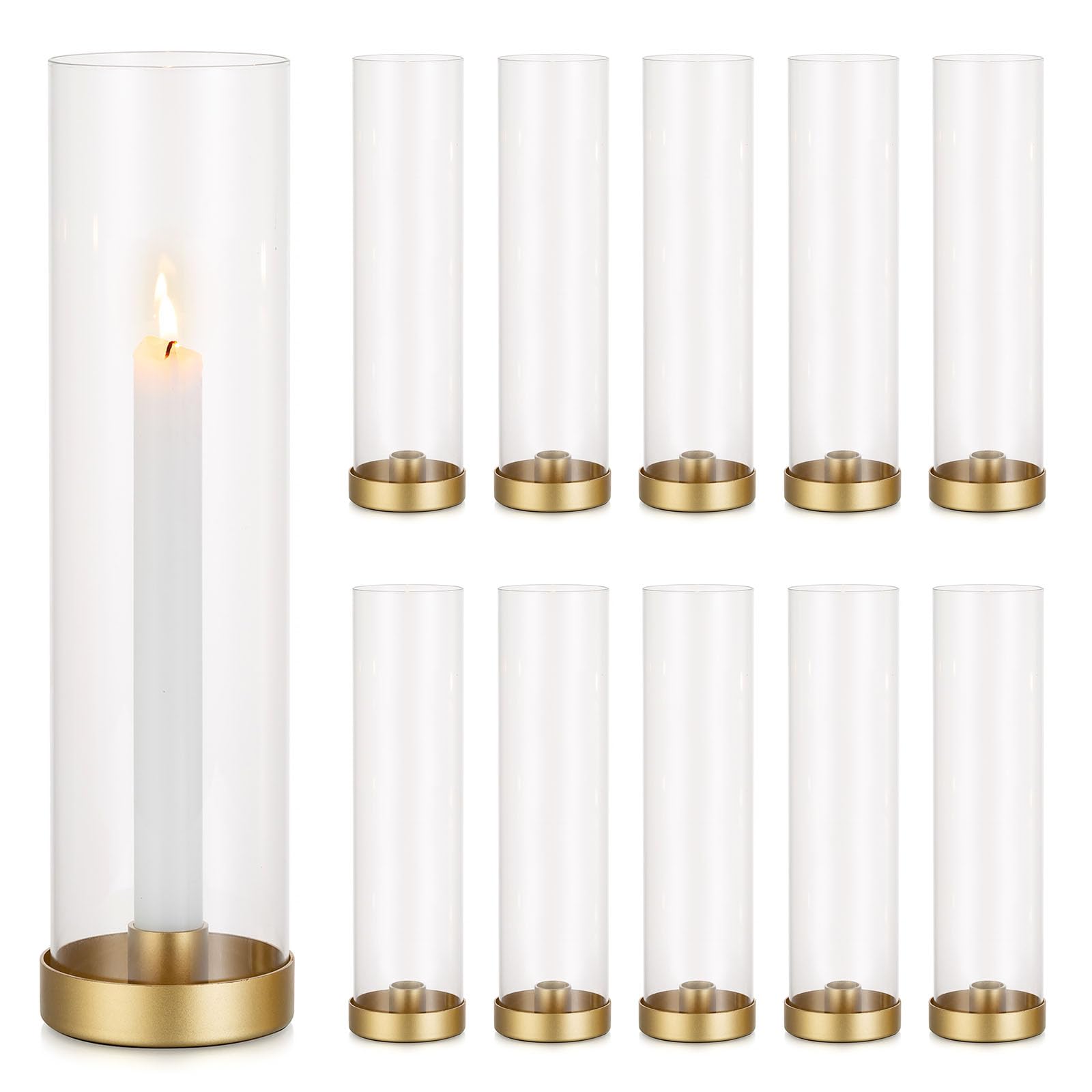 Romadedi 12 Inch Gold Glass Hurricane Candle Holders - Set of 10 Clear Cylinder Taper Candlesticks for Wedding Centerpieces, Party Decor, Christmas Home Decorations - Perfect for Dining Tables, Fireplace Mantels & Holiday Displays