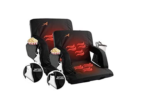 2 Pack Heated Stadium Seat with Back Support - USB Rechargeable Battery & 3 Heat Levels - Foldable Bleacher Cushion with 4 Snack Pockets - Perfect for Football Games, Camping & Outdoor Events