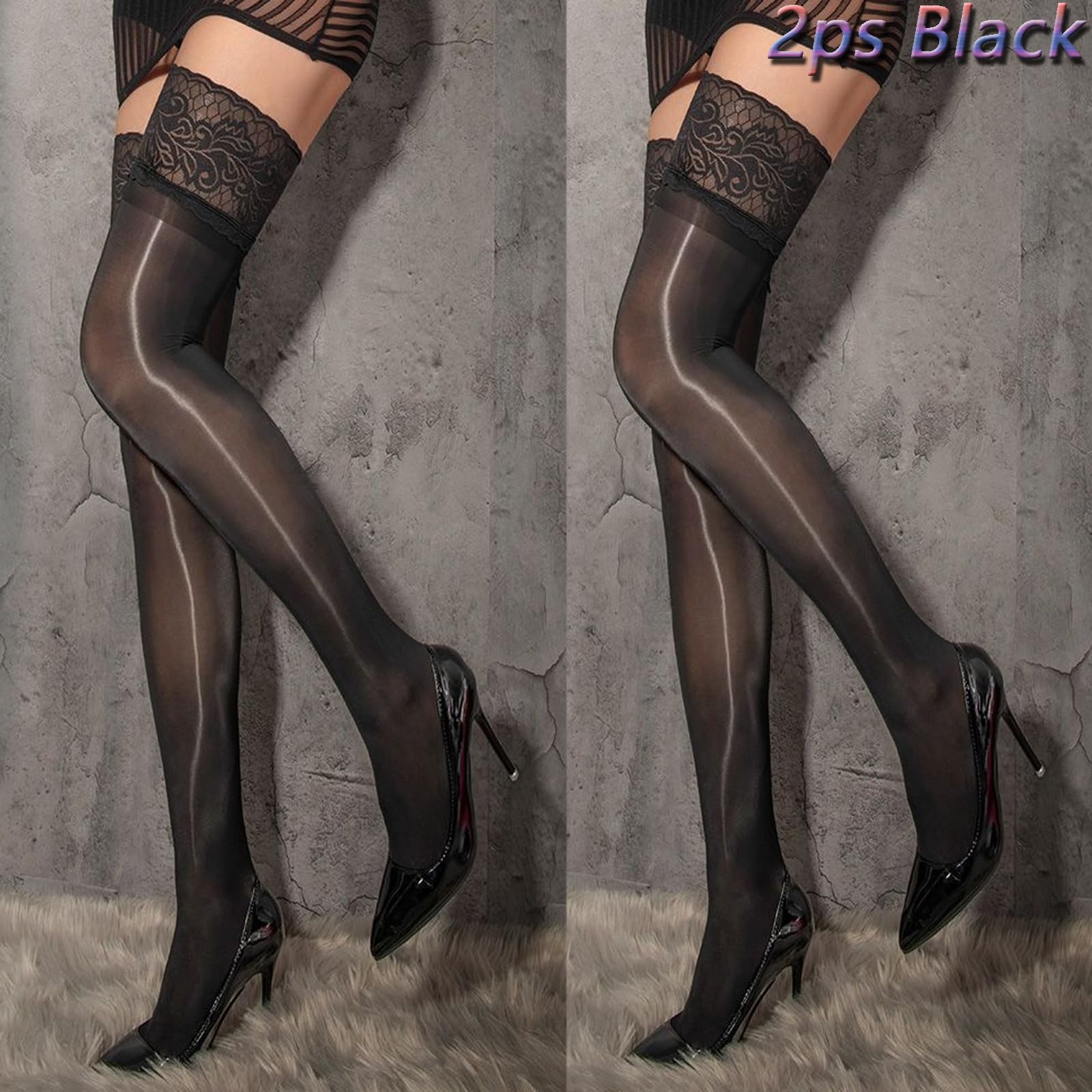 RUIBAVYA 8D Women's Sheer Shiny Lace Stockings - Silicone Non-Slip Hold-Up Thigh Highs for Elegant & Sexy Look | Perfect for Date Night, Cosplay, and Special Occasions