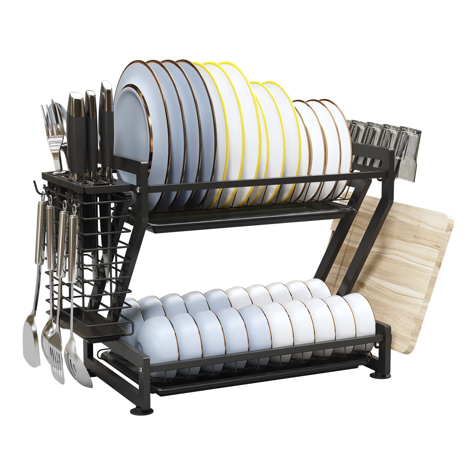 CAOANTRY 2-Tier Stainless Steel Dish Drying Rack with Drainboard - Space Saving Kitchen Countertop Organizer with Cup Holder, Knife Holder, Pot Lid Holder & Cutlery Tray - Rustproof Black Dish Drainer for Small Kitchens & Apartments