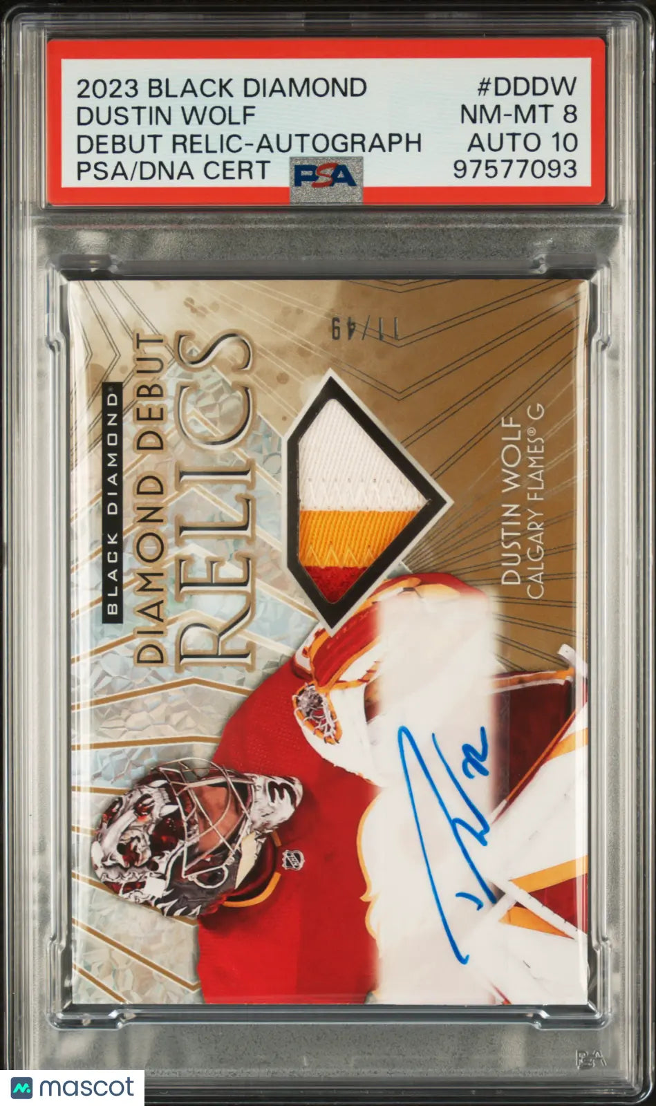 2023 Upper Deck Black Diamond Dustin Wolf Diamond Debut Relics Auto PSA 8 /49 - Rare Hockey Trading Card for Collectors & Sports Memorabilia Enthusiasts