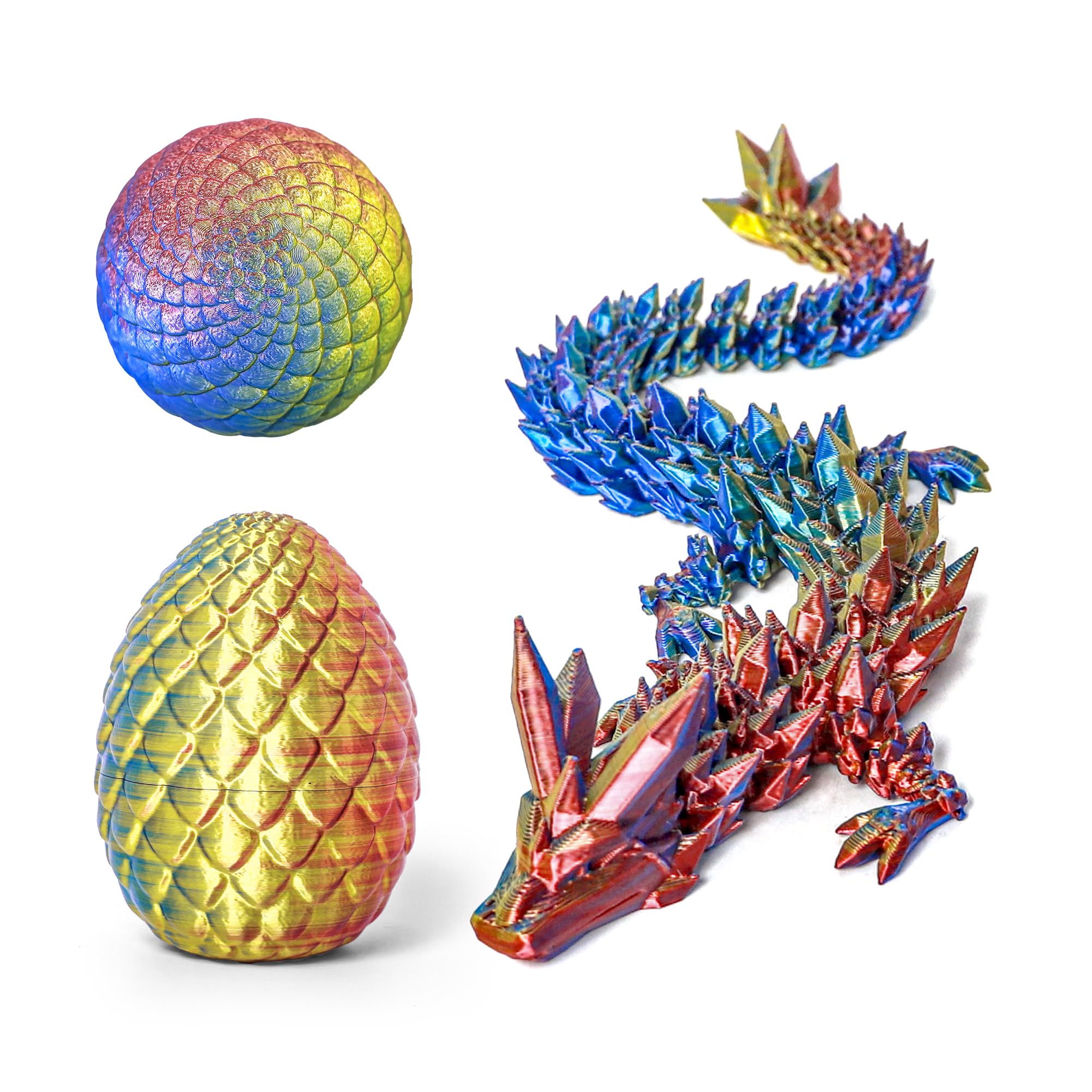3D Printed Dragon Egg - Flexible Crystal Dino Toy for Easter, Birthday & Desk Decor (Gold Red Blue)