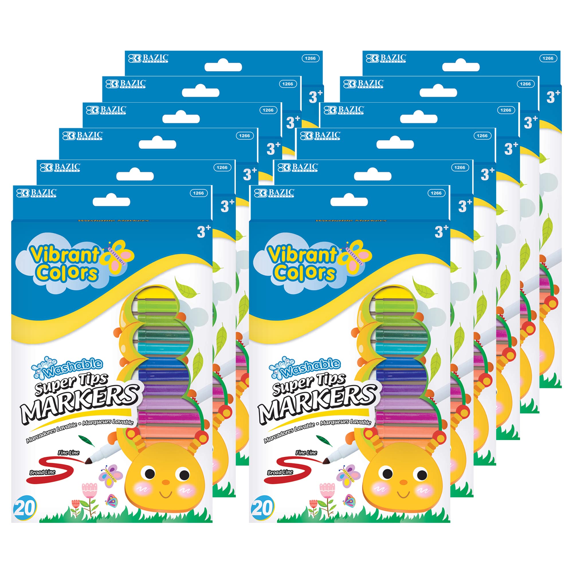 BAZIC Washable Markers Super Tip 20 Colors Set - Non-Toxic Fine Line Coloring Markers for Kids & Adults - Perfect for Art Projects, School Supplies, Drawing & Coloring Books (20/Pack, 72-Packs) - Great for Classroom, Home & Office Use