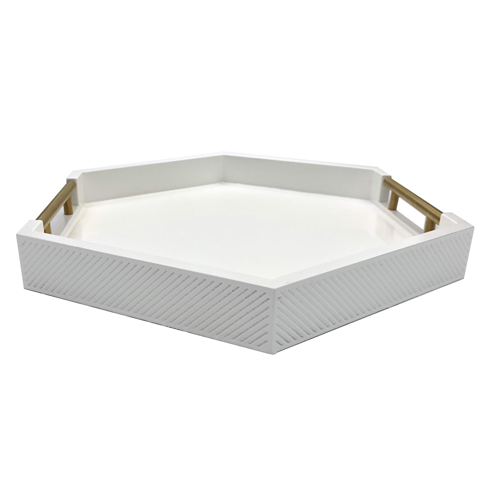 Hexagon Serving Tray with Polished Metal Handles - Modern Rectangle Coffee Table Tray for Living Room - Large Ottoman Storage Tray for Home Decor, Display & Organization (White) - Perfect for Coffee Tables, Sofa Trays & Bedside Organization