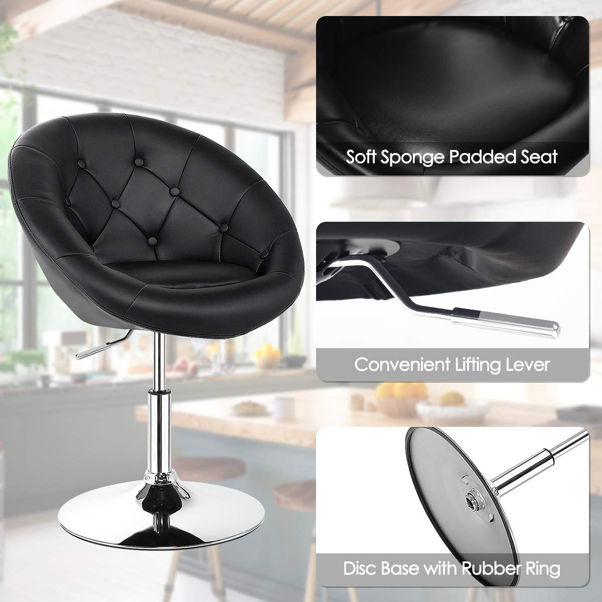 COSTWAY Vanity Chair Set of 2 - Adjustable Height Modern Makeup Stool with Chrome Frame & Tufted Round Back - Swivel Accent Chair for Dressing Room, Bedroom, Lounge, Pub, Bar - Black