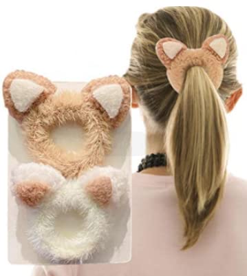 2 PCS Furry Hair Ties - Soft Fluffy Scrunchies for Women & Girls - Cute Animal Hair Bands, Elastic Ponytail Holders for School, Work, Gym and Daily Use