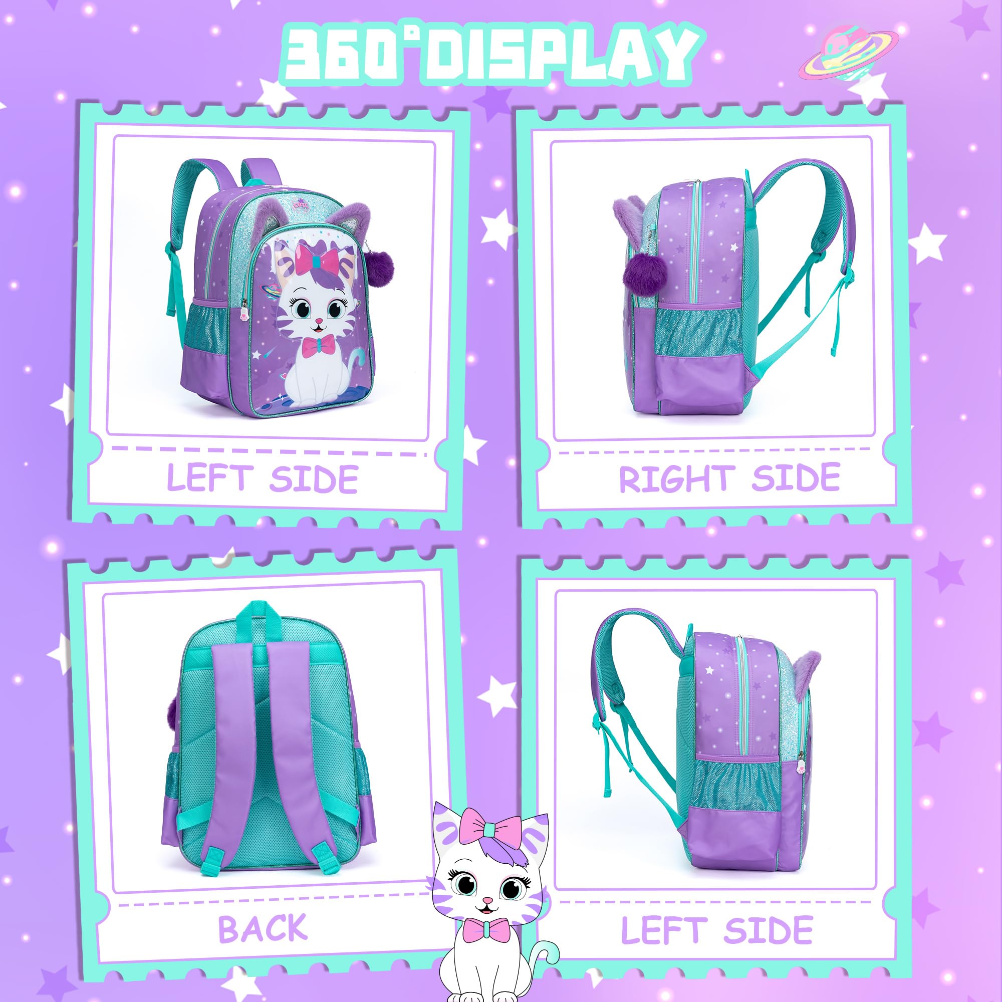 Cute Cat Backpack for Girls - Lightweight School Backpack with Lunch Box Compartment | Durable Kids Bookbag for Elementary, Middle School & Travel | Perfect for School Supplies, Day Trips & Outdoor Adventures