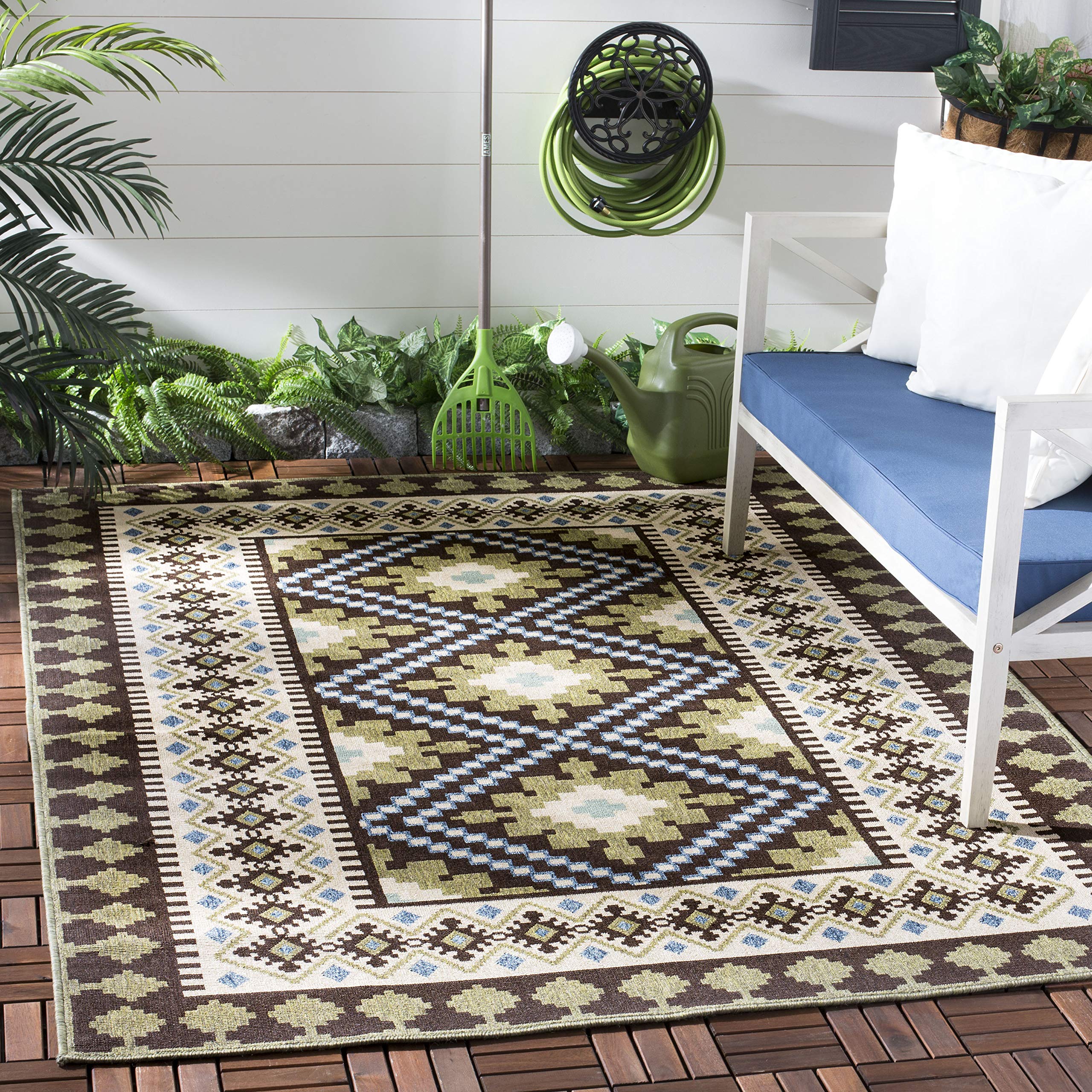 SAFAVIEH Veranda Collection 8' x 11' Boho Chic Area Rug - Chocolate & Green Non-Shedding Washable Indoor Outdoor Rug - Perfect for Living Room, Bedroom, Patio, Backyard & Mudroom (VER099-0624)