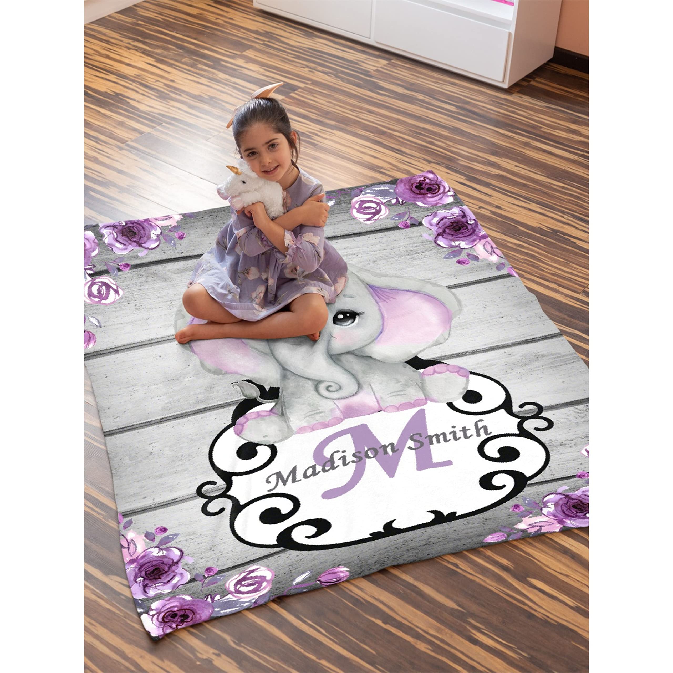 Personalized Custom Baby Blanket with Name - Purple Floral Elephant Fleece Blanket for Girls & Boys | 120x90 Inch Large Baby Shower Gift for Daughter, Granddaughter, Niece | Perfect for Nursery, Stroller, and Family Photo Props