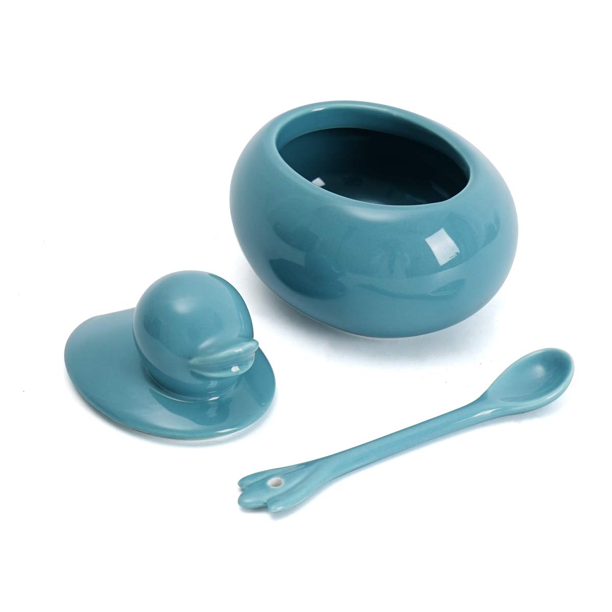 Ceramic Sugar Bowl with Spoon and Lid - Cute Duck Farmhouse Style Seasoning & Salt Storage Jar - Turquoise Blue - Perfect for Coffee, Tea, Baking & Kitchen Decor