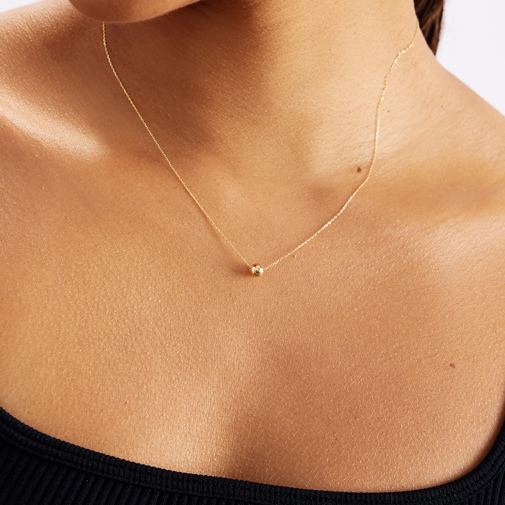 14K Solid Gold Bead Necklace for Women - 18