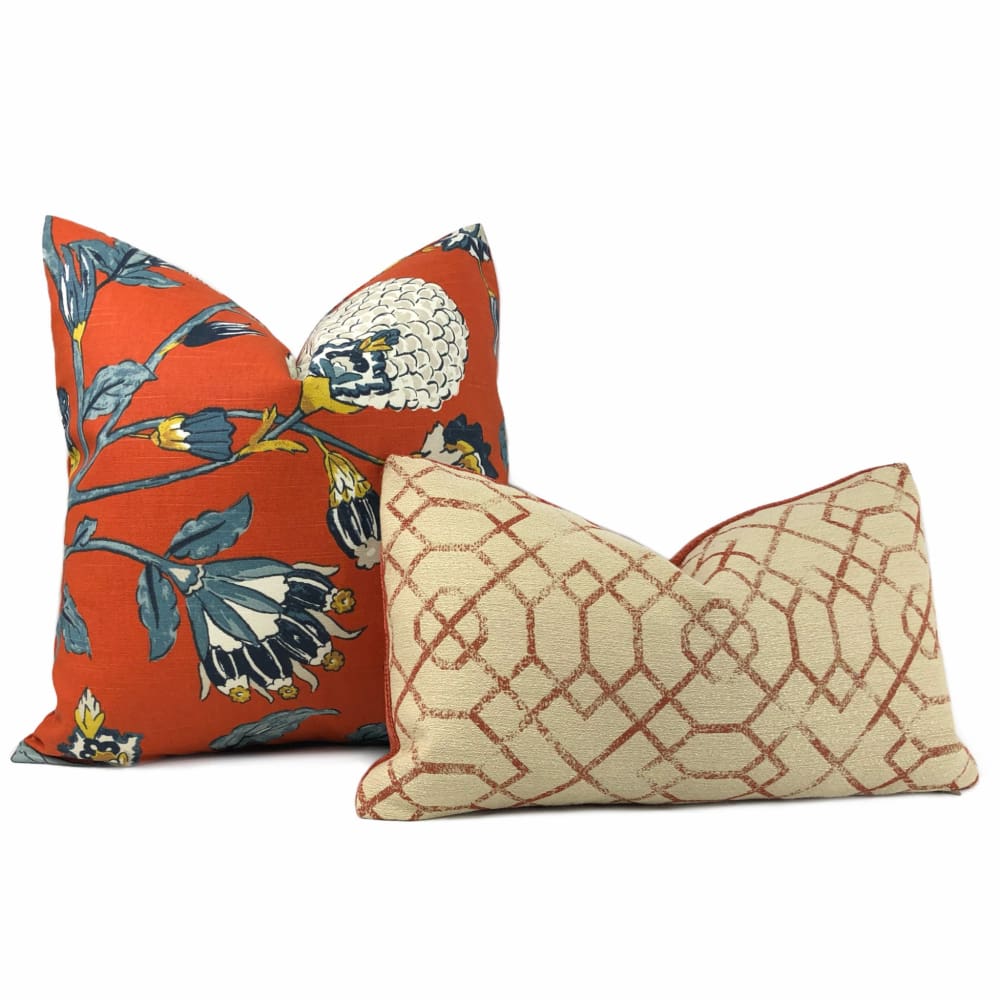 Kravet Candice Olson Joie de Vivre Rust Orange Beige Asian Fretwork Pillow Cover - Decorative Throw Pillow for Living Room, Bedroom, Sofa & Home Decor