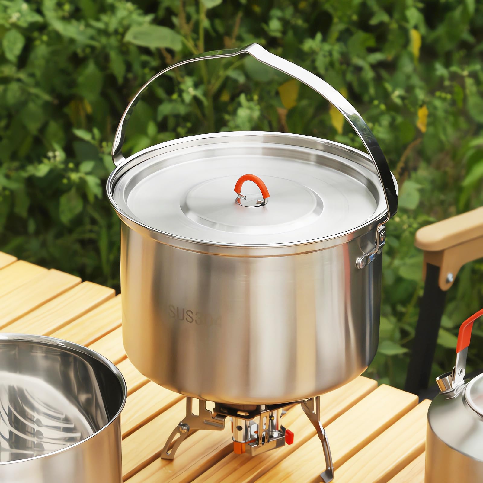 Premium 304 Stainless Steel Camping Cookware Set - Lightweight Outdoor Pots & Pans with Kettle for Backpacking, Hiking, Picnics & Survival Gear | Perfect for Campfire Cooking, RV Trips & Emergency Preparedness