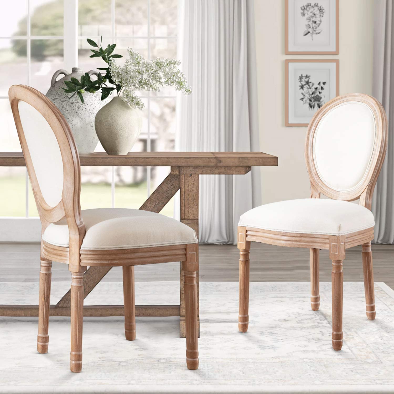 Nrizc French Country Dining Chairs Set of 2 - Vintage Farmhouse Solid Wood Dining Chairs with Round Back & Beige Fabric Upholstery - Perfect for Kitchen, Dining Room, Bedroom, or Office Decor
