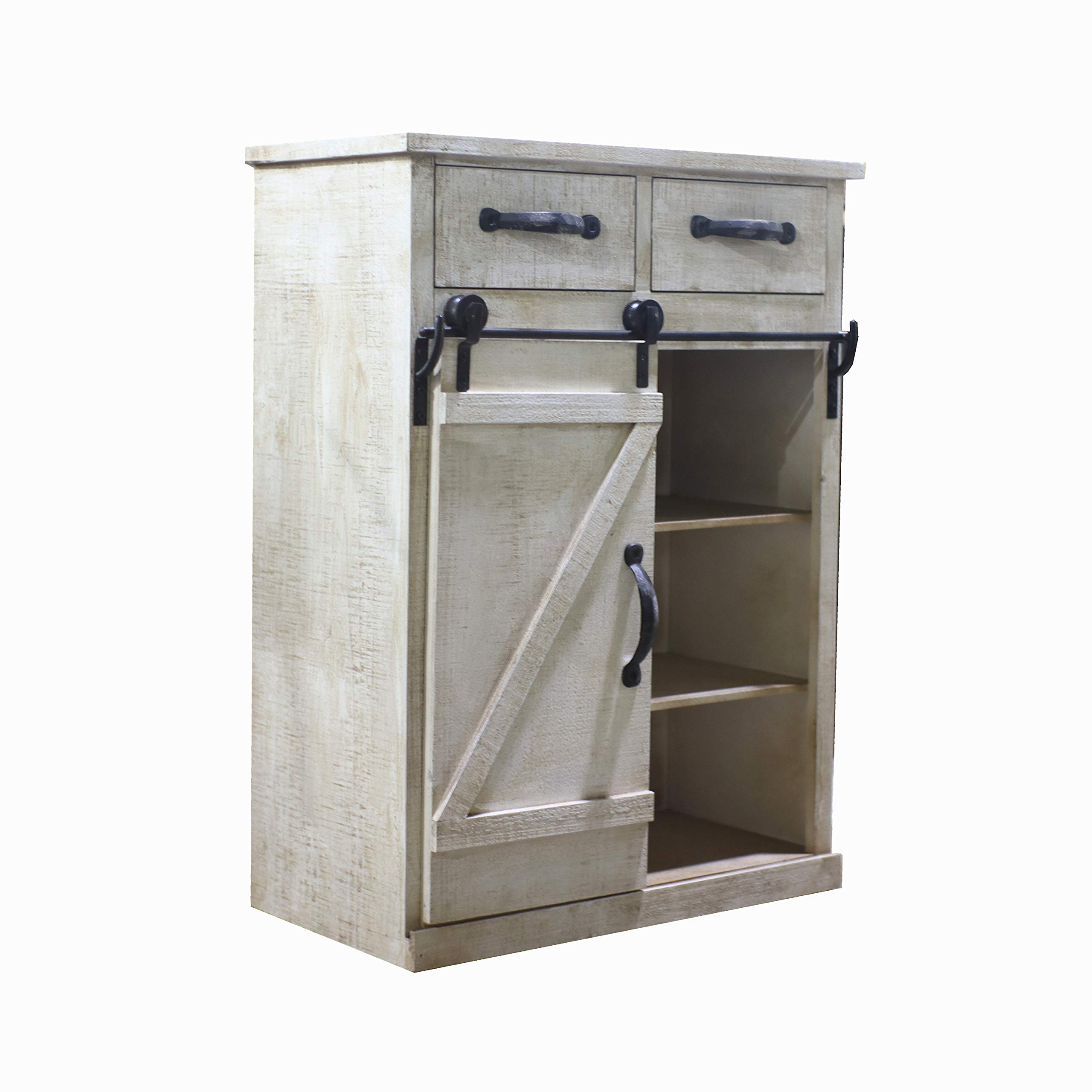 Rustic White Distressed Wood Storage Cabinet with Sliding Barn Door - Vintage Farmhouse Style Kitchen Console Cabinet 32
