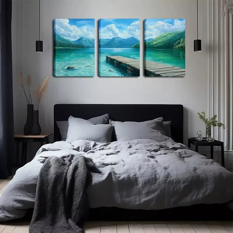 3-Piece Green Lake and Wooden Bridge Wall Art Set - Framed Canvas 40x60cm - High Quality Print - 100% Australian Made - Ready to Hang - Perfect for Living Room, Bedroom & Office Decor