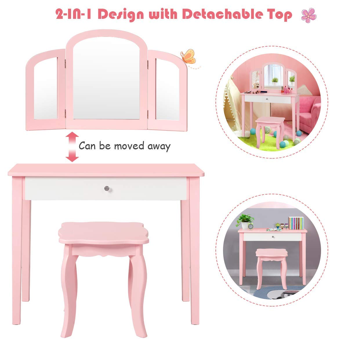 HONEY JOY Kids Vanity Set - Wooden Princess Pretend Play Dressing Table with Stool, Tri-Fold Mirror & Drawer for Little Girls (Pink) | Perfect for Birthday Gifts, Room Decor & Pretend Play for Toddlers Ages 3-8
