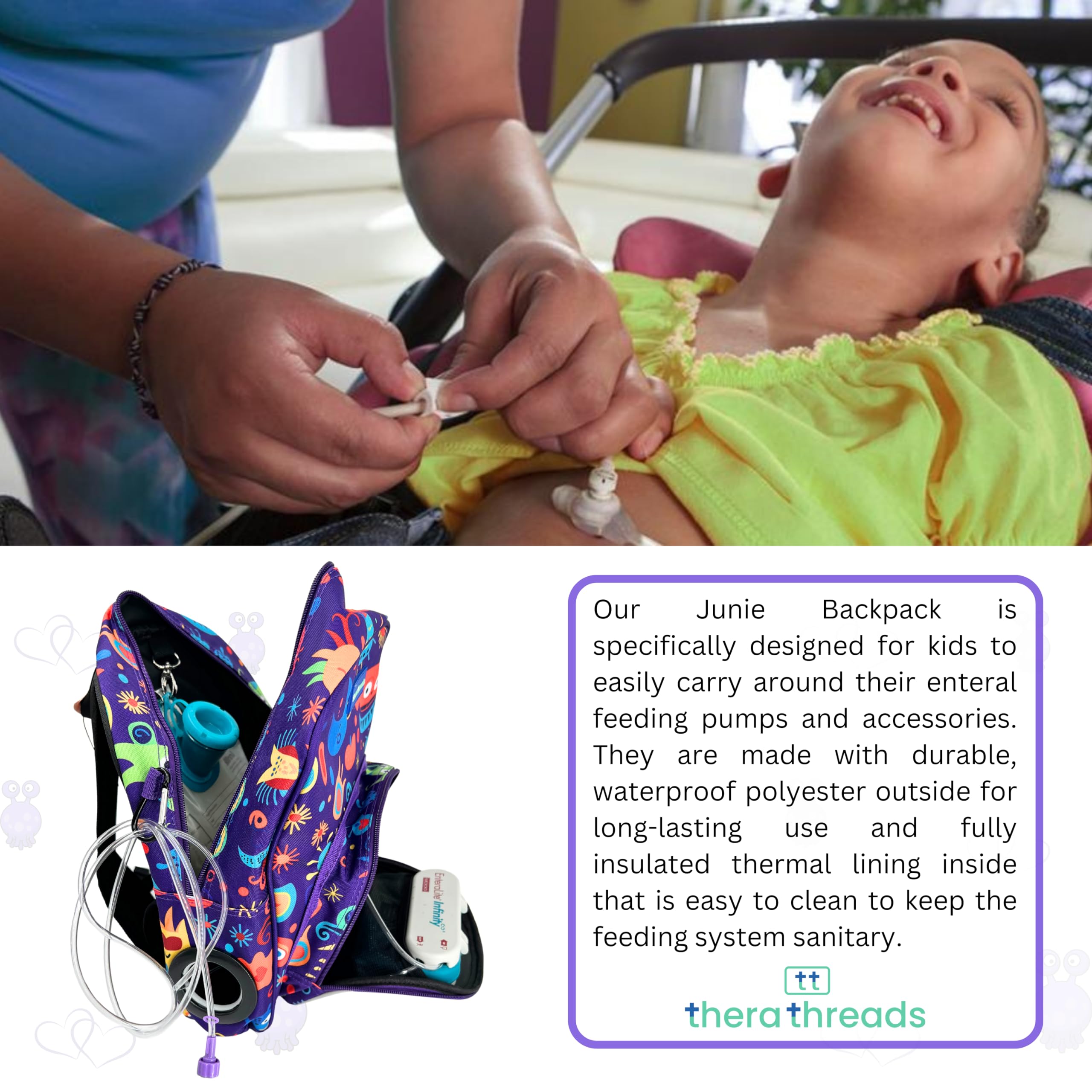Therathreads™ Junie Backpack for Feeding Pumps & Tubes - Portable Medical Organizer for Kids & Adults, Perfect for Travel, School & Daily Use