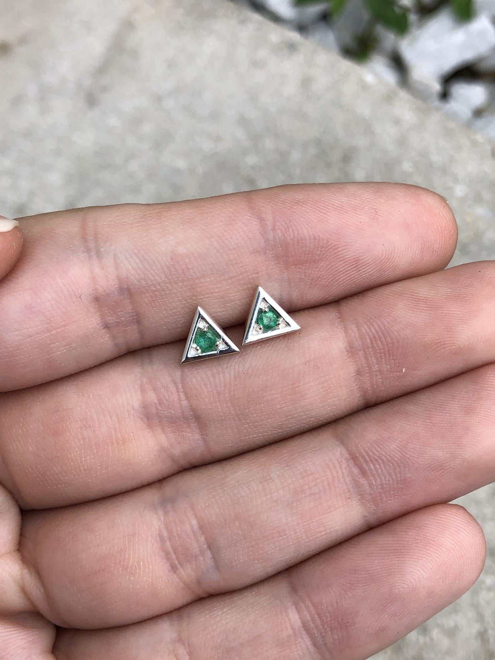Emerald Stud Silver Earrings - Triangle Shape Round Brilliant Cut Gemstone Jewelry for Women | Perfect for Parties, Weddings & Everyday Wear