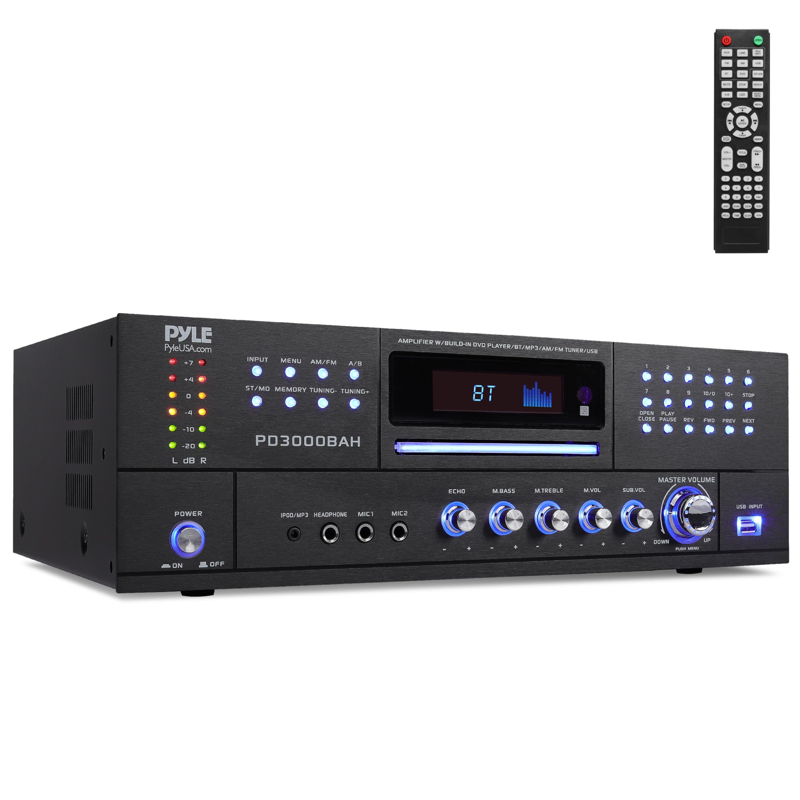 Pyle 4 Channel Wireless Bluetooth Amplifier - 4000W Home Audio Receiver with FM Radio, HDMI, USB, 2 Mic Inputs & Echo for Karaoke, CD/DVD Player - Perfect for Home Theater, DJ Setup, and Live Music Performances