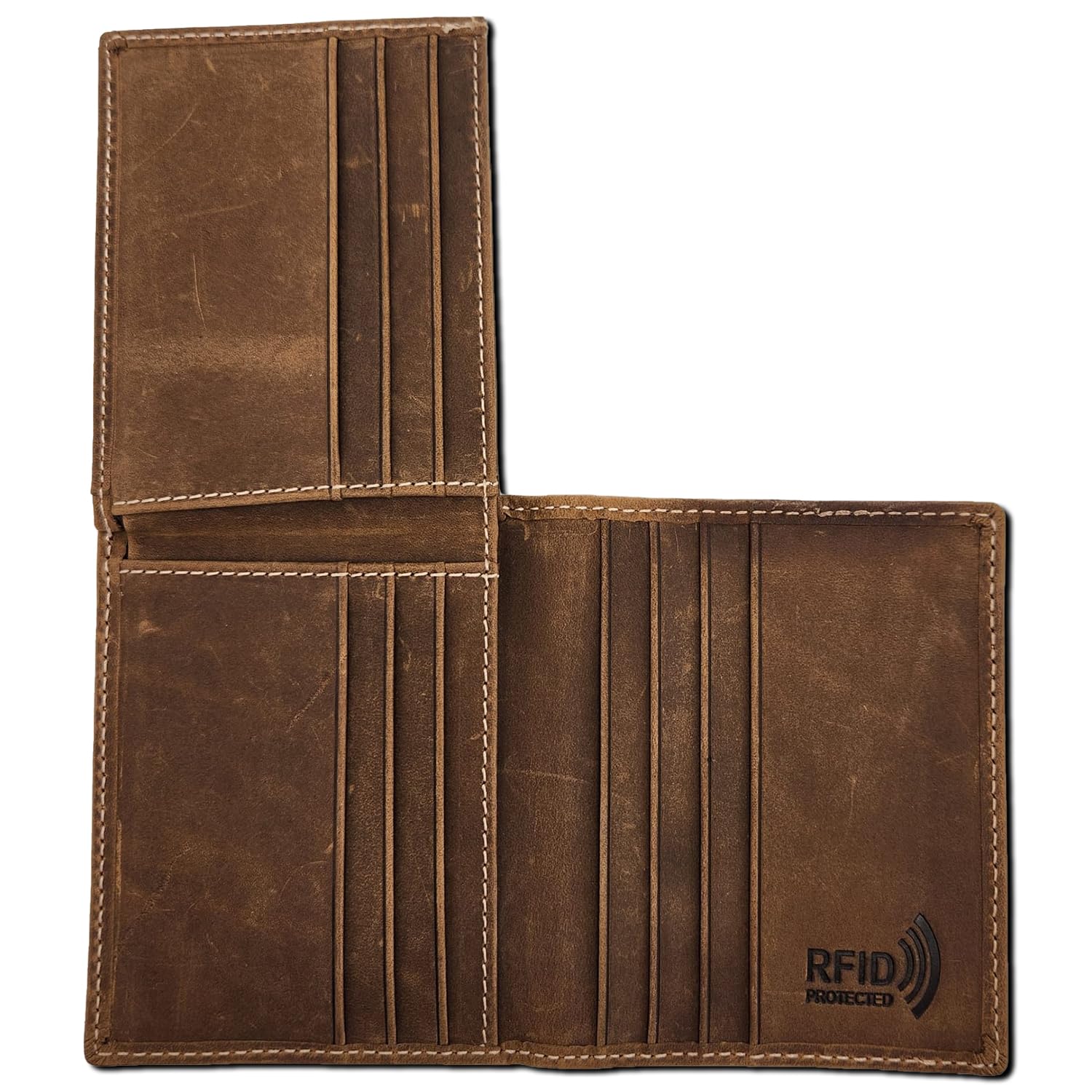 RFID Blocking Slim Leather Wallet for Men - L-Fold Bifold/Trifold Design with Card Window & ID Holder (J700LF, Rustic Brown) - Perfect for Everyday Carry, Travel & Business Use