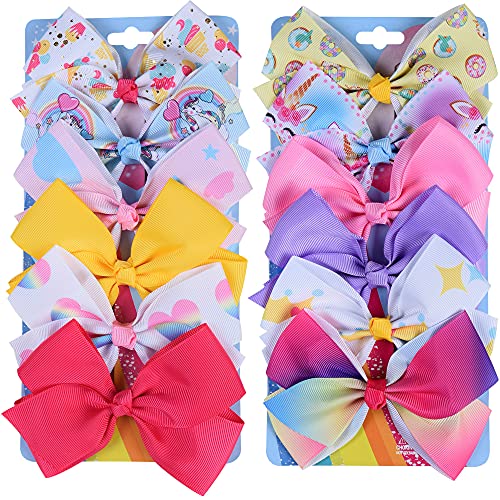 12Pcs 5 Inch Rainbow Heart Hair Bows for Girls - Colorful Grosgrain Ribbon Hair Clips with Alligator Clips for Toddlers, Kids, Teens - Perfect for School, Parties, Holidays & Everyday Wear