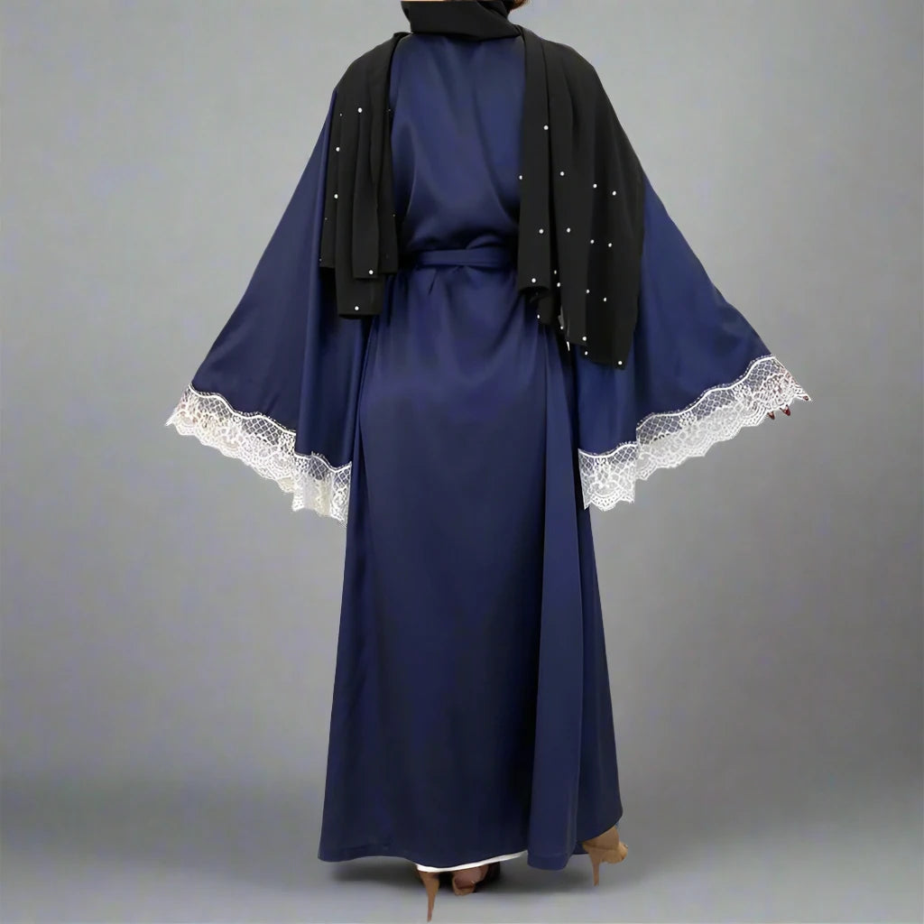 Elegant Muslim Abaya Dress - Embroidered Satin Open Front Long Dress for Women | Perfect for Prayer, Mosque, Eid & Special Occasions