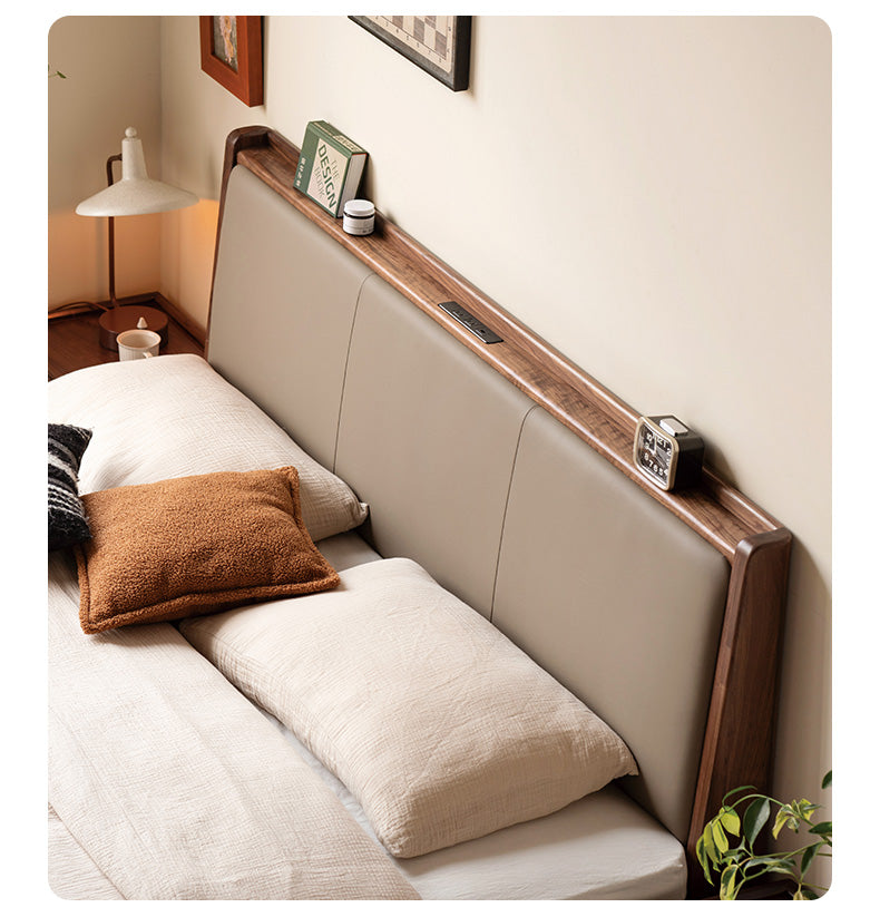 Solid Black Walnut Wood Leather-Upholstered Drawer Box Bed - Nordic Style Platform Bed with Storage for Modern Bedroom