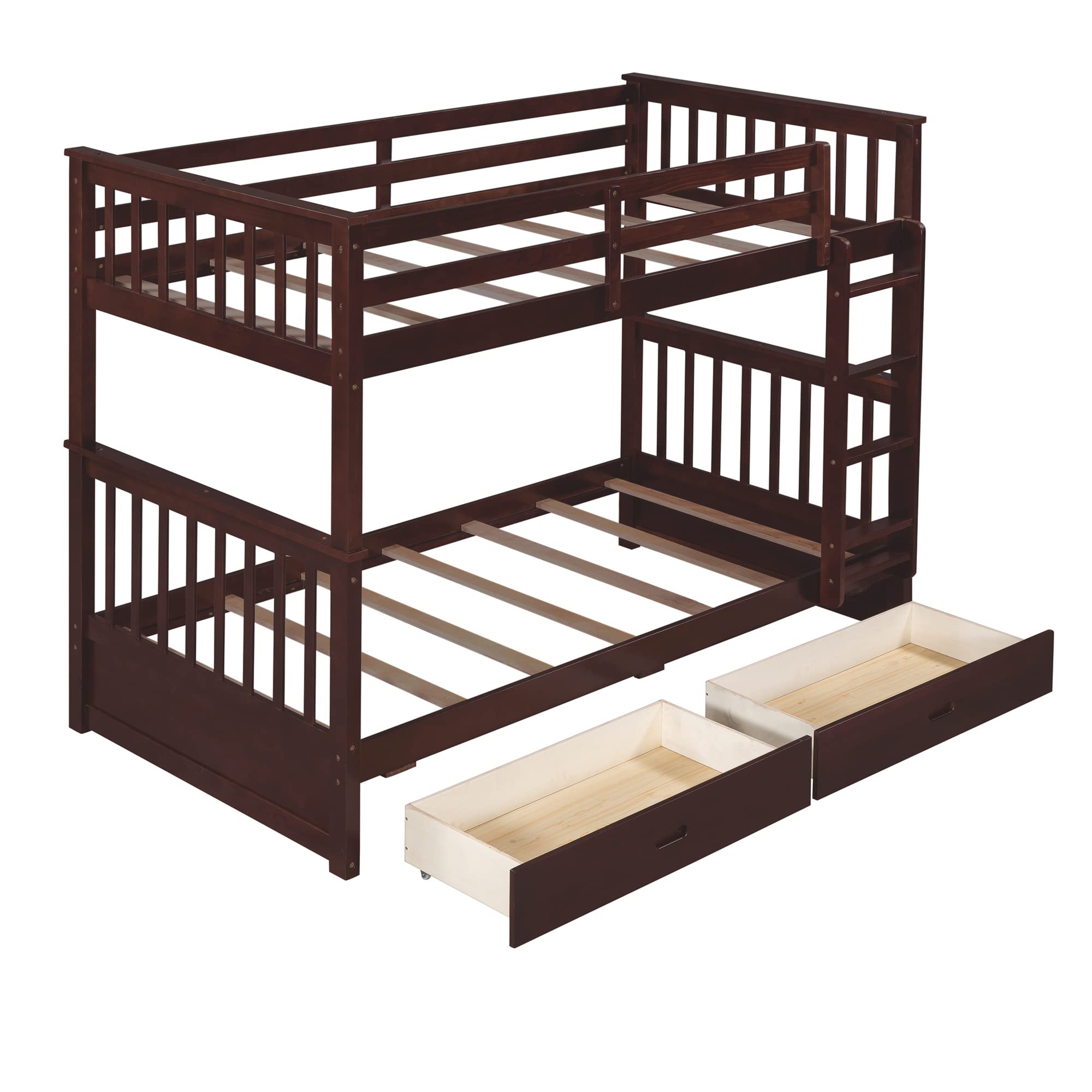 P PURLOVE Twin Over Twin Bunk Bed with 2 Storage Drawers - Solid Wood Bunk Bed Frame with Ladder, Converts to 2 Separate Twin Beds - No Box Spring Needed - Perfect for Kids, Teens, Boys & Girls Bedrooms (Espresso Finish) | Space-Saving Solution for Small Rooms, Dorms, Vacation Homes & Shared Kids' Rooms