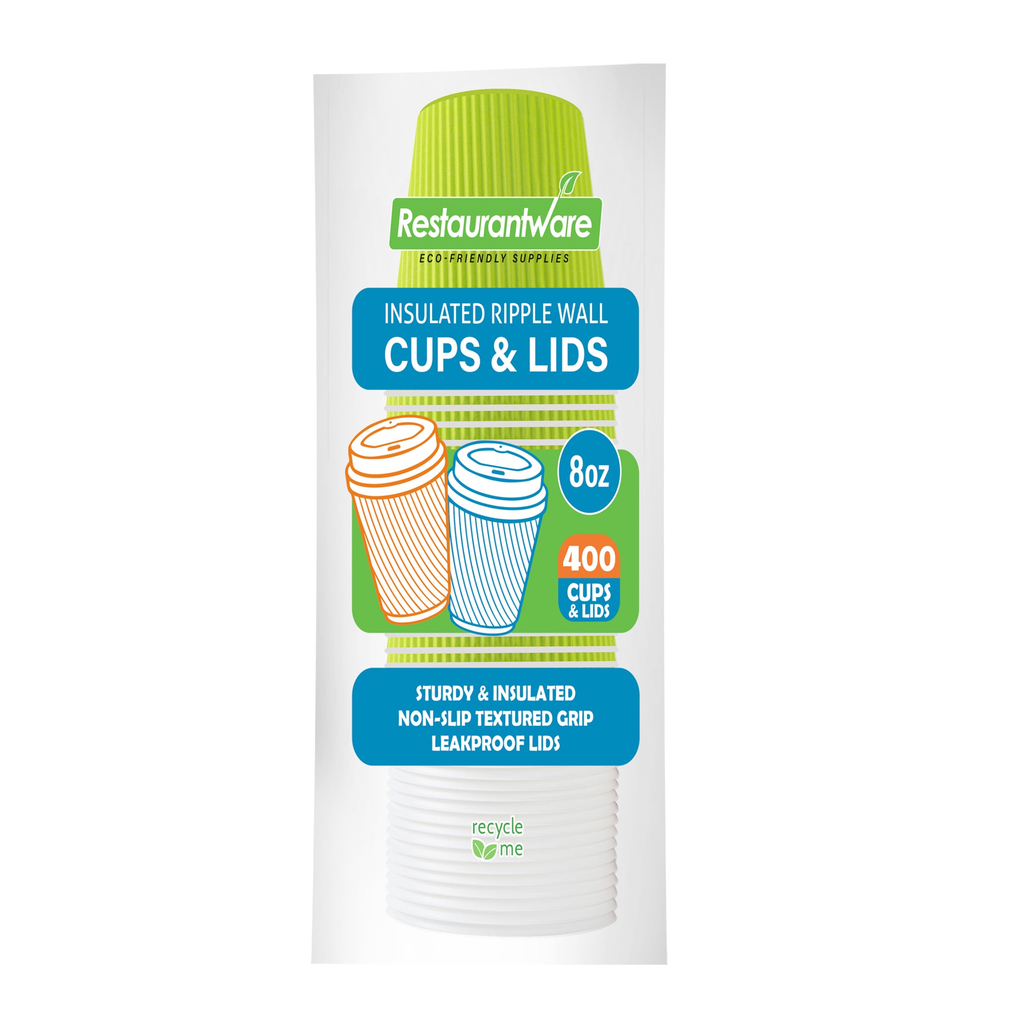 Eco-Friendly 8 oz Paper Ripple Wall Coffee Cups with White Lids - 3.5