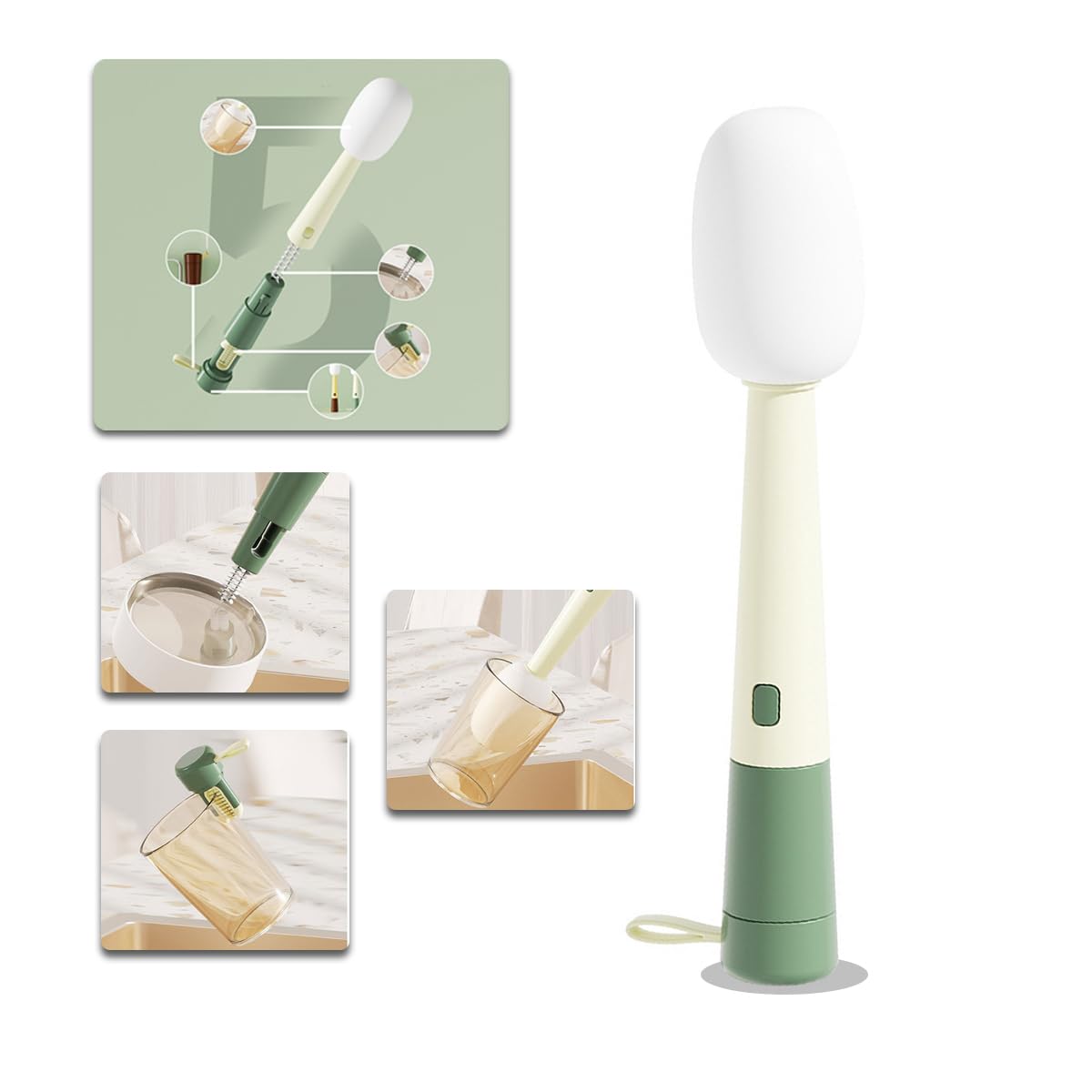 10-inch Long-Handled Silicone Bottle Brush Cleaning Set - 3-in-1 Tube, Cup & Gap Cleaner with Sponge Head (White & Green) - Perfect for Baby Bottles, Travel Mugs & Hard-to-Reach Spots